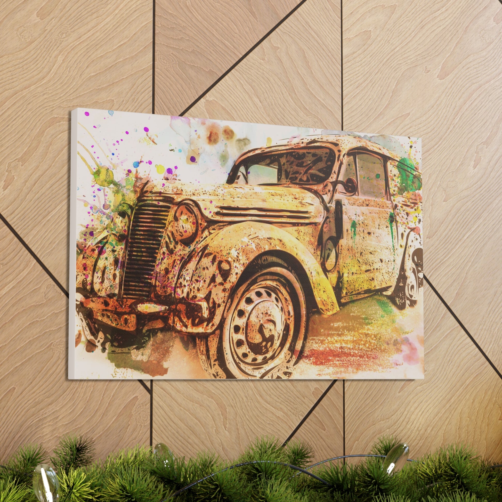 Watercolor vintage car canvas with paint splatter accents

