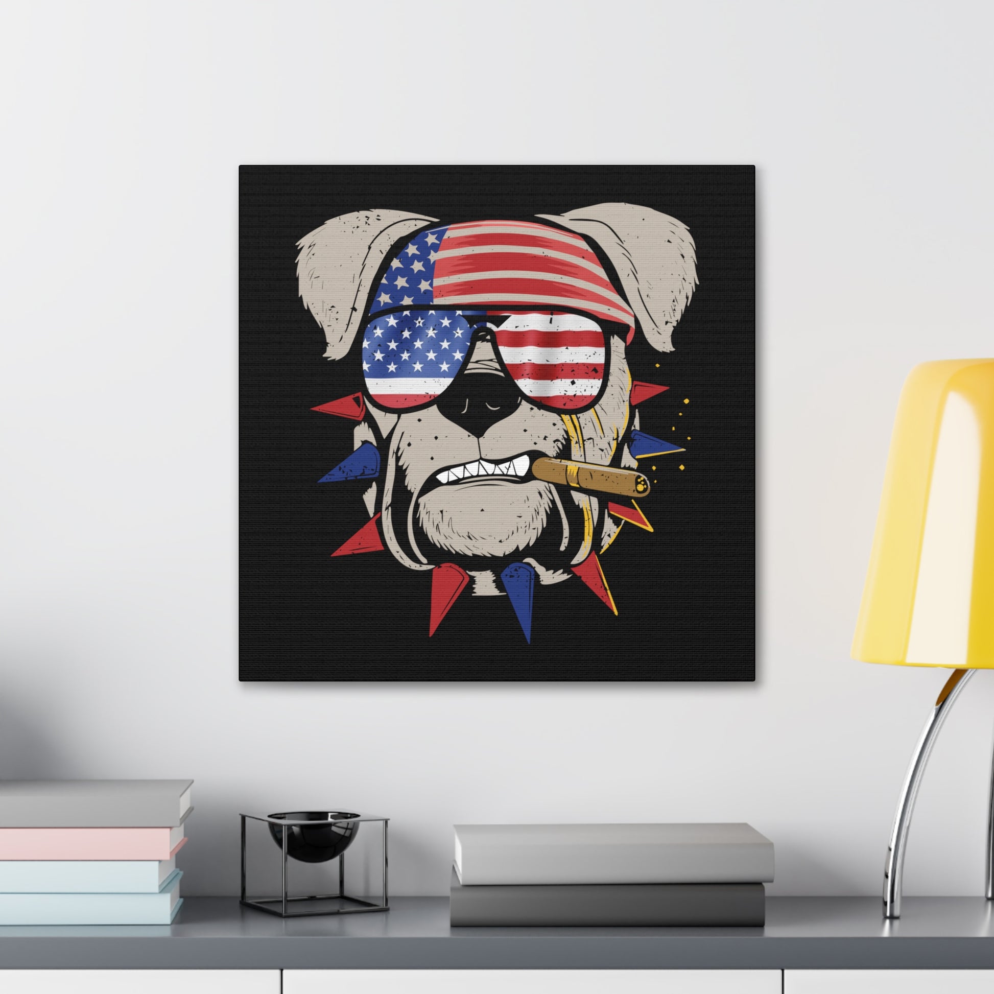 American flag sunglasses bulldog wall art for patriotic decor.
