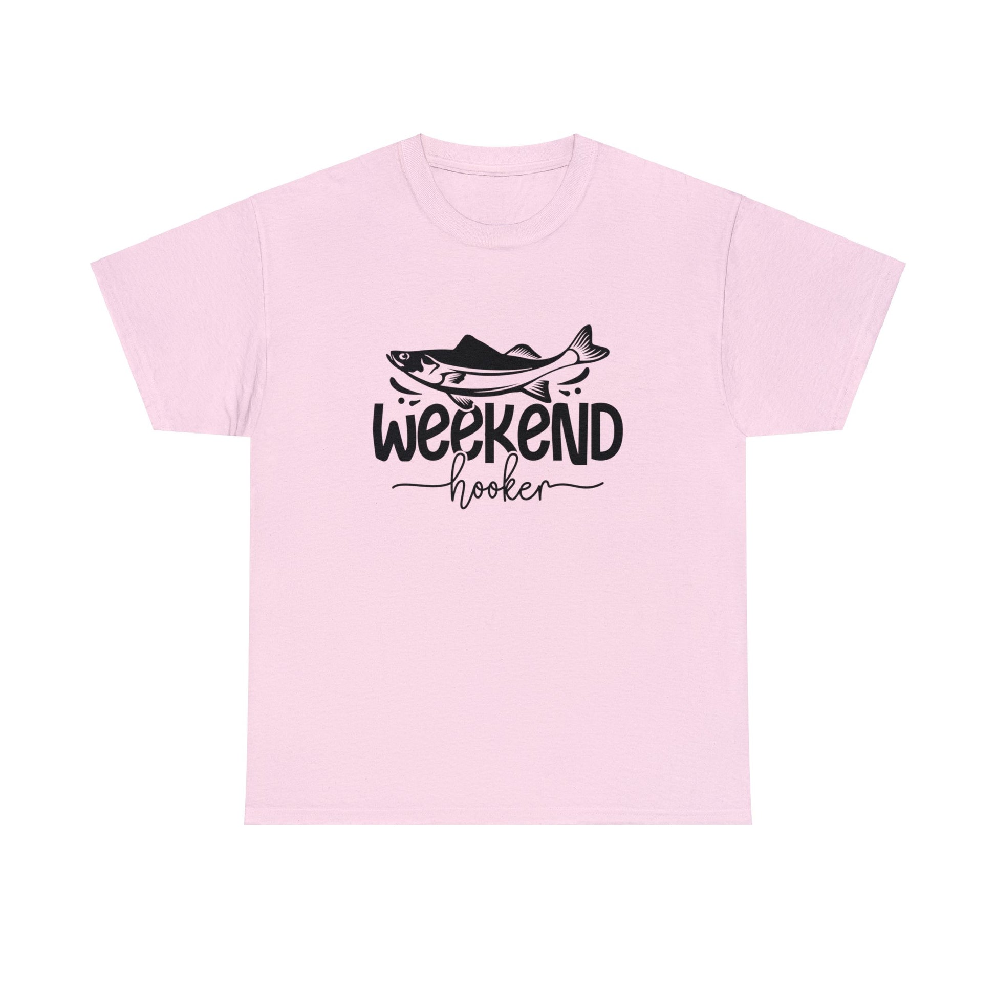 Cotton fishing t-shirt with Weekend Hooker text and fish graphic

