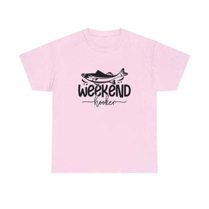 Cotton fishing t-shirt with Weekend Hooker text and fish graphic
