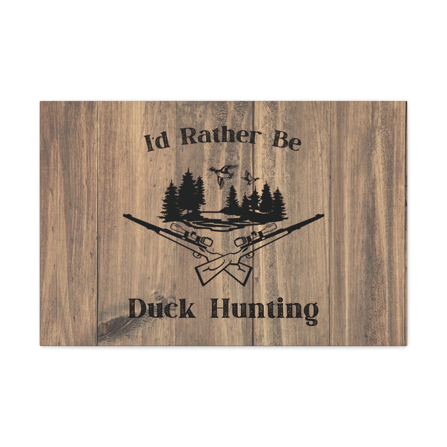 Rustic duck hunting wall art with ducks in flight graphic
