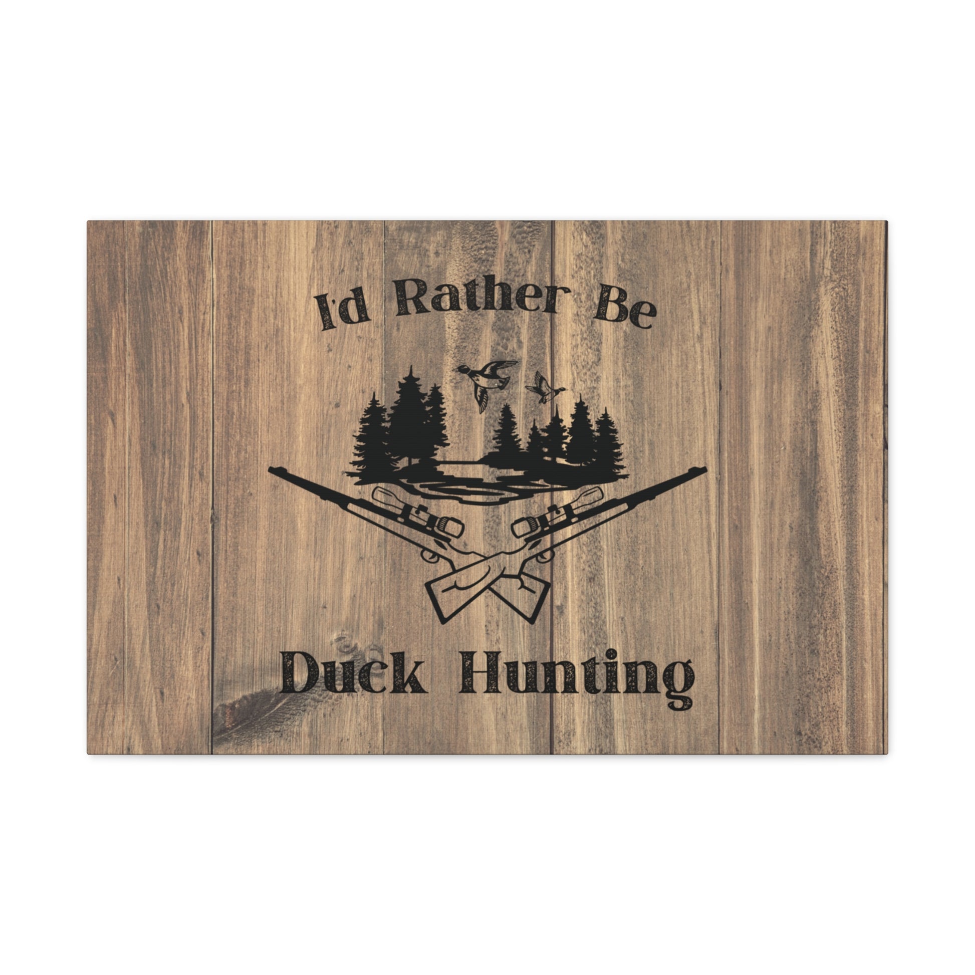Rustic duck hunting wall art with ducks in flight graphic

