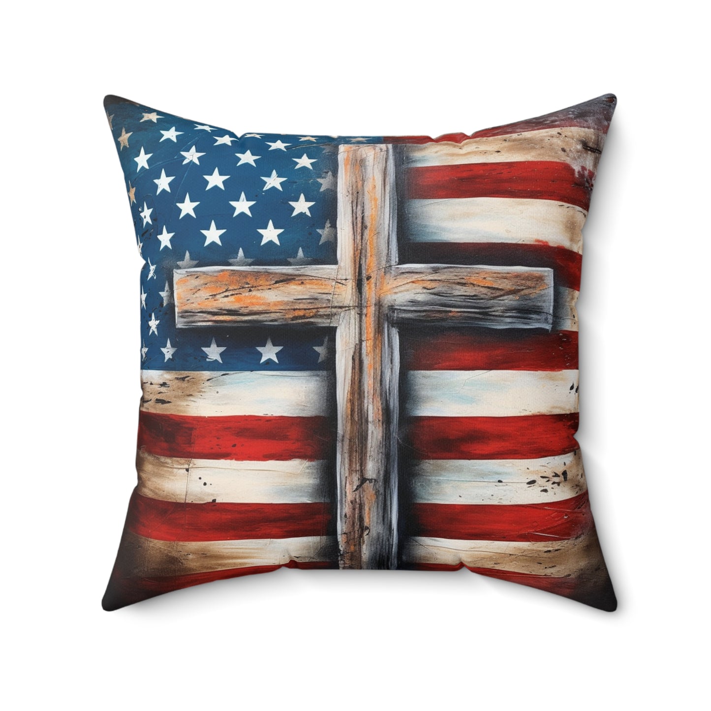 Christian decorative pillow with rustic American flag and wooden cross
