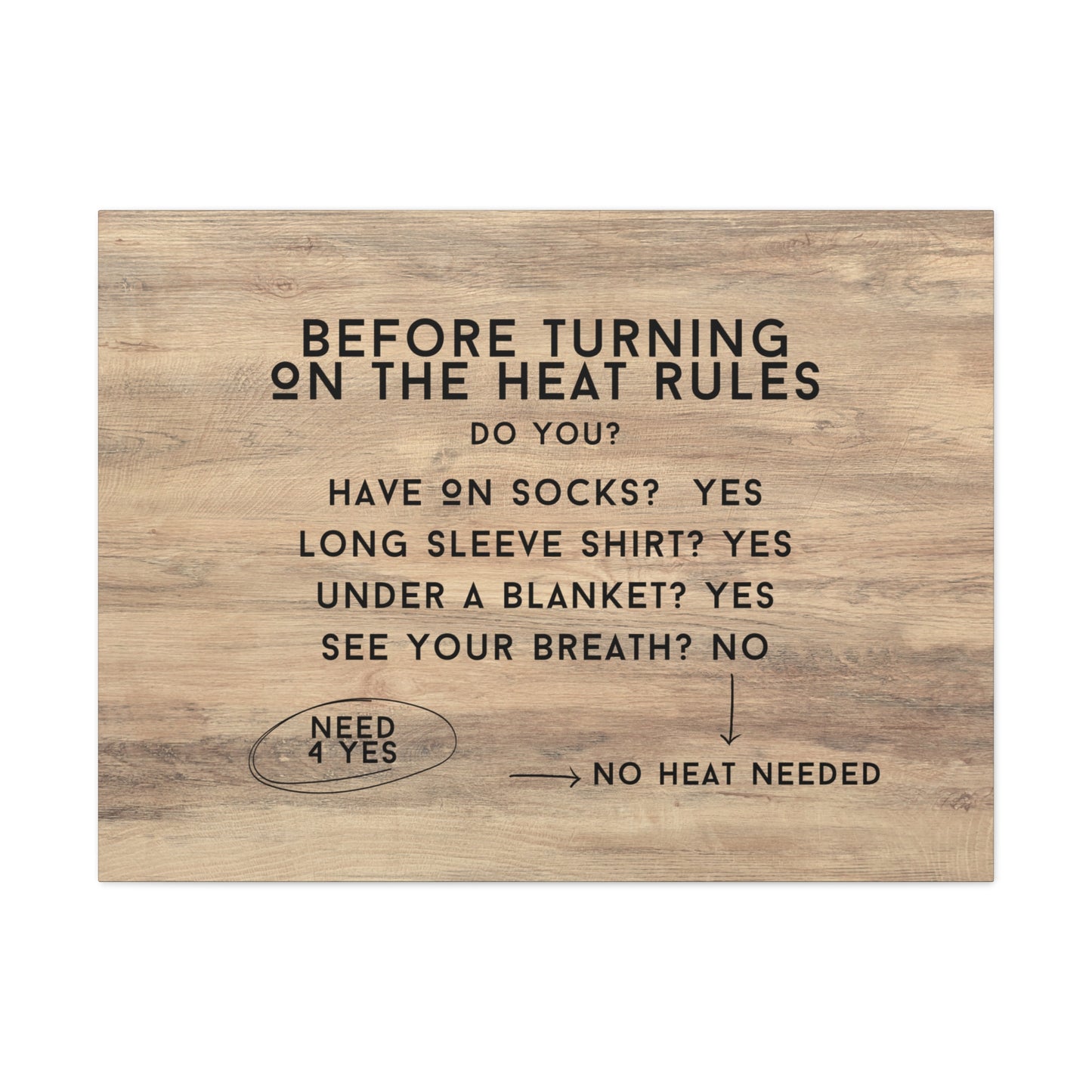 Farmhouse-style house rules sign for keeping the thermostat in check
