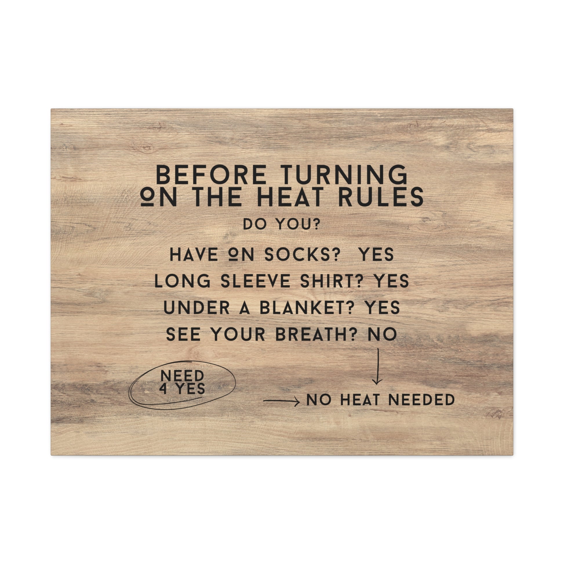 Farmhouse-style house rules sign for keeping the thermostat in check
