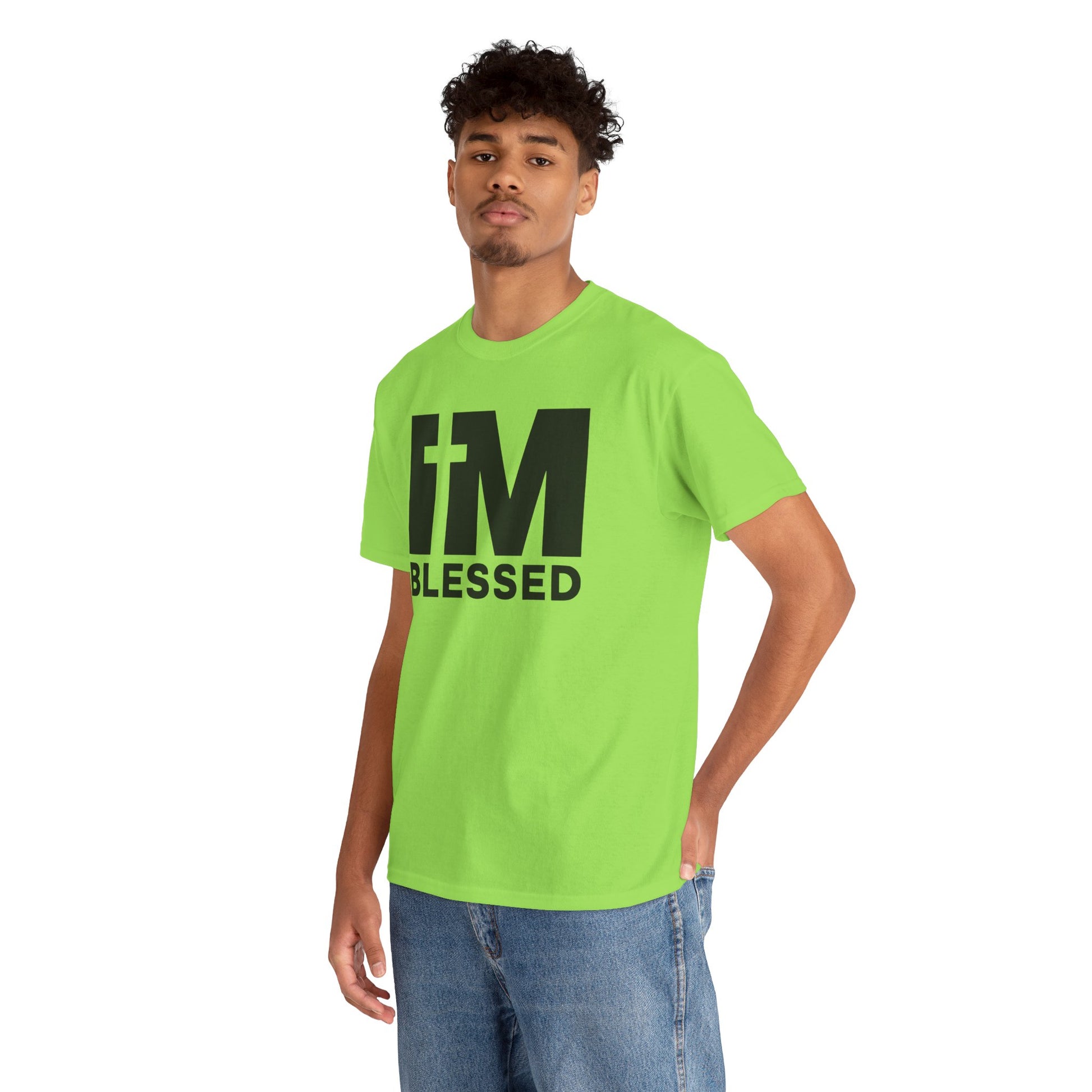 Blessed tee shirt with bold faith-inspired text.