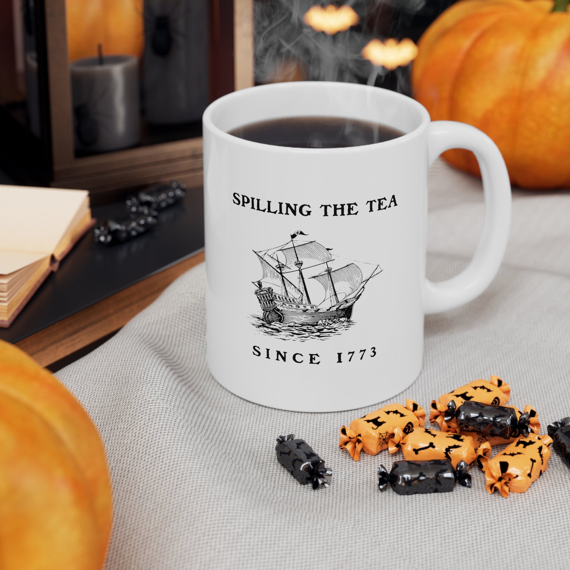 White ceramic mug for tea lovers with a history joke
