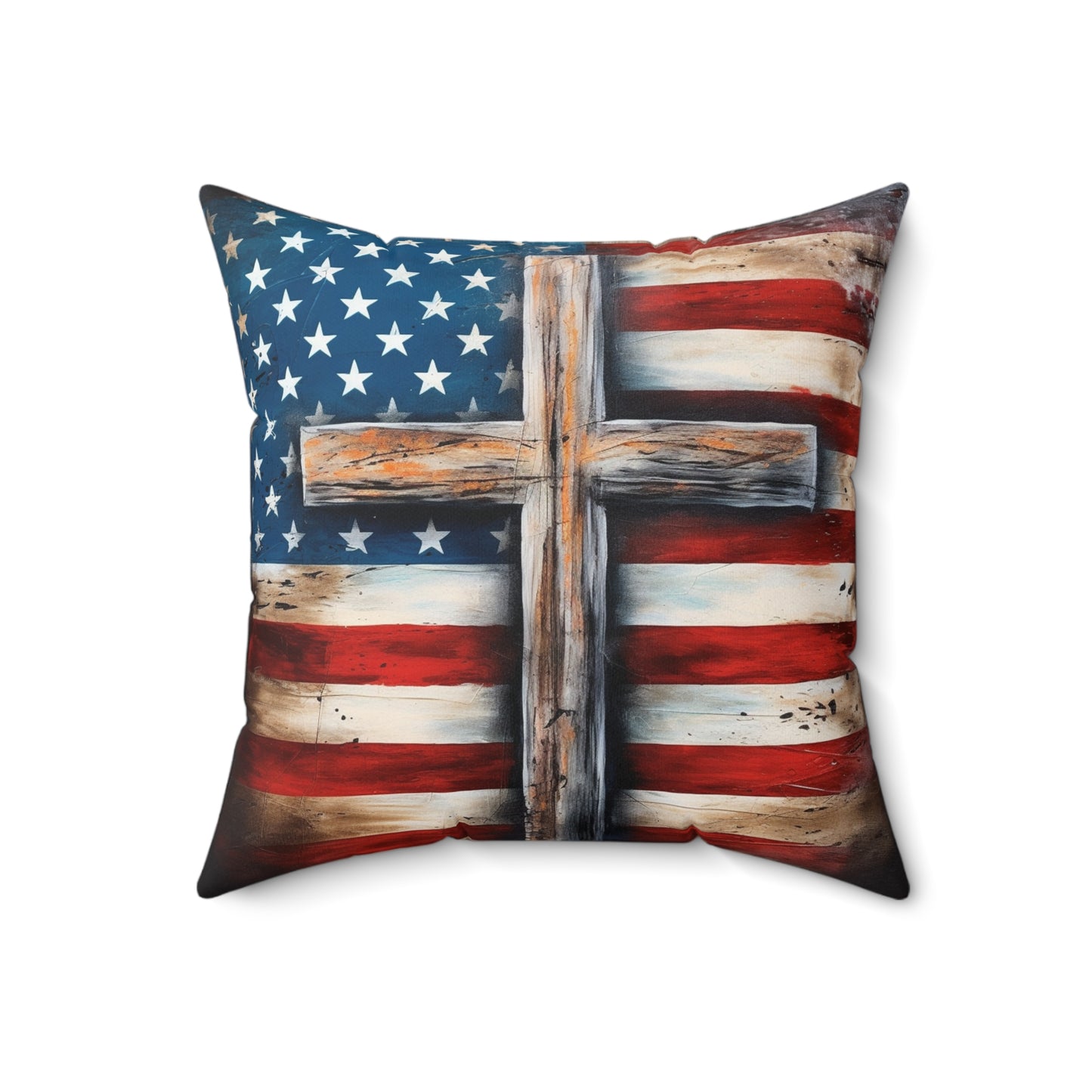 High-quality Christian throw pillow with wood cross and USA flag

