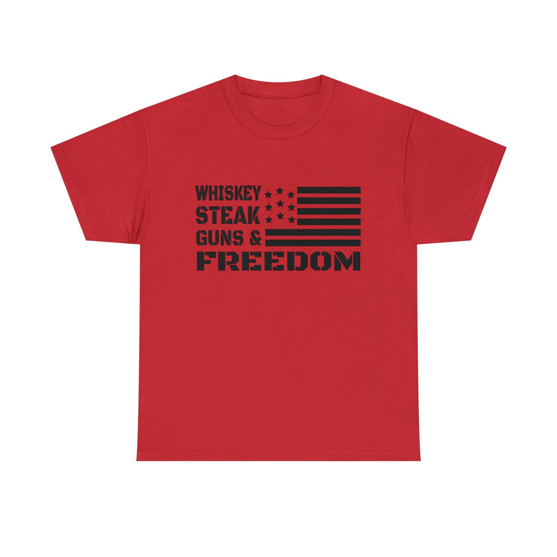 Rustic outdoor adventure t-shirt with whiskey, steak, and guns
