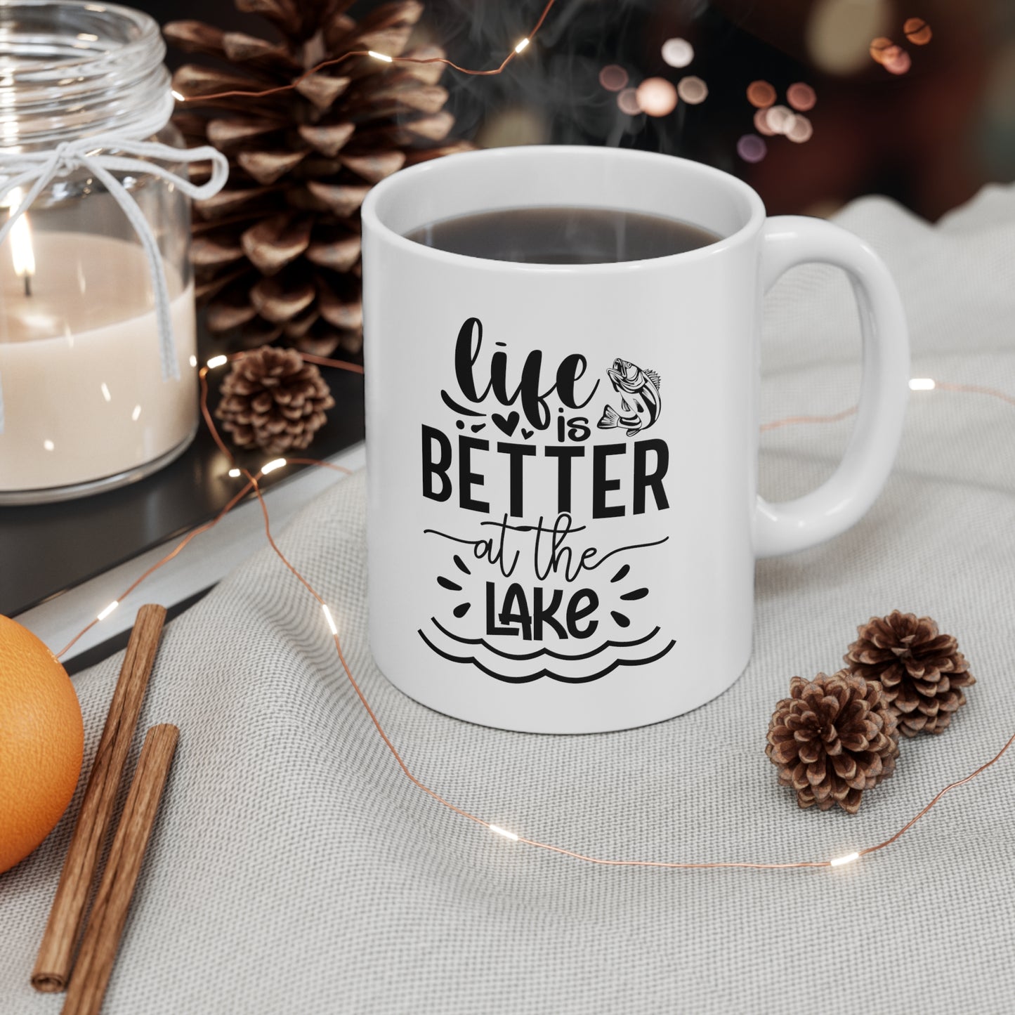 Ceramic mug with "Life Is Better At The Lake" mantra