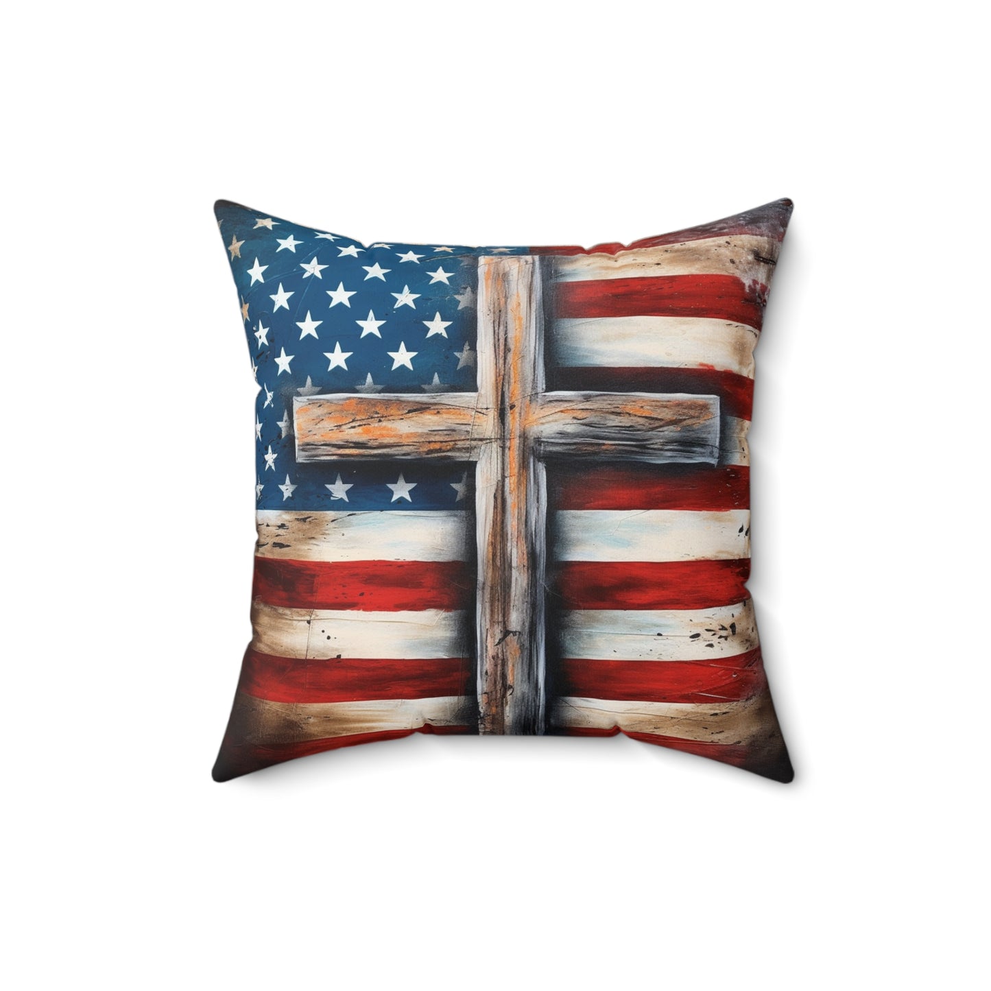 Rustic-style American flag decorative pillow with Christian symbolism
