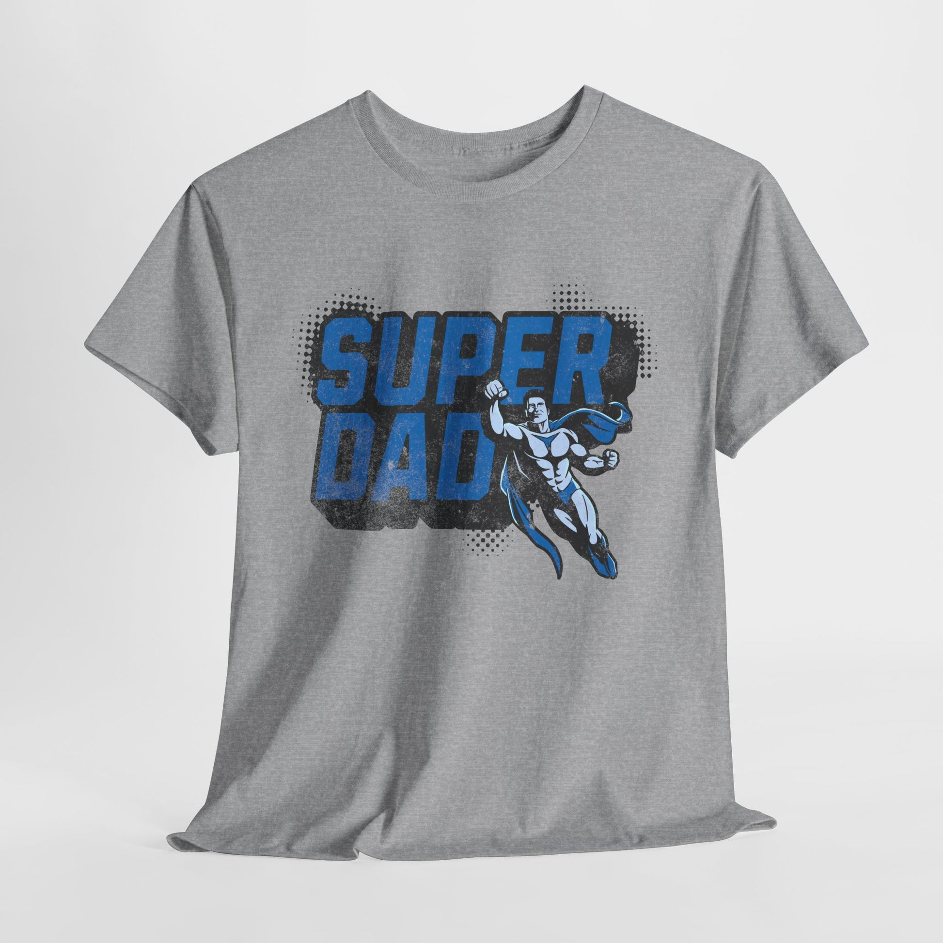 Gray t-shirt with 'Super Dad' graphic design on a white background