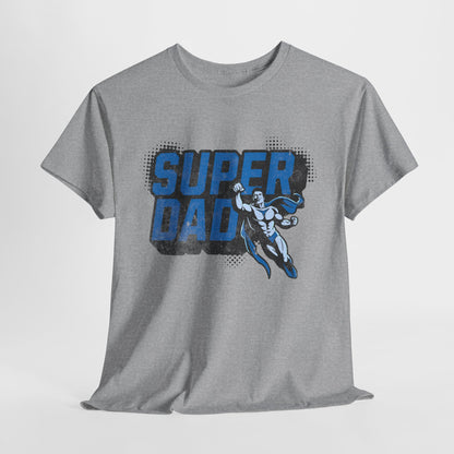 Gray t-shirt with 'Super Dad' graphic design on a white background