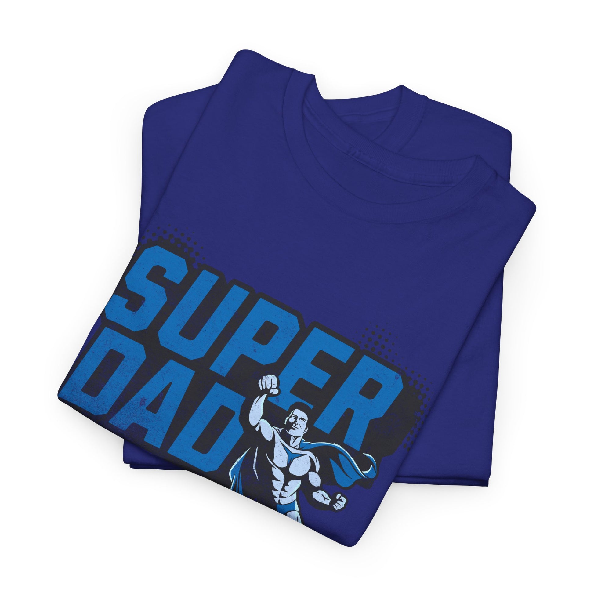 Folded blue t-shirt with 'Super Dad' text and superhero graphic on a white background