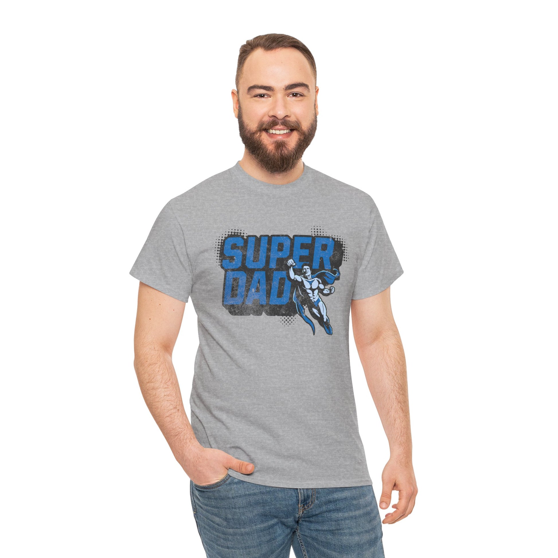 Man wearing a gray t-shirt with 'Super Dad' and superhero graphic on a white background