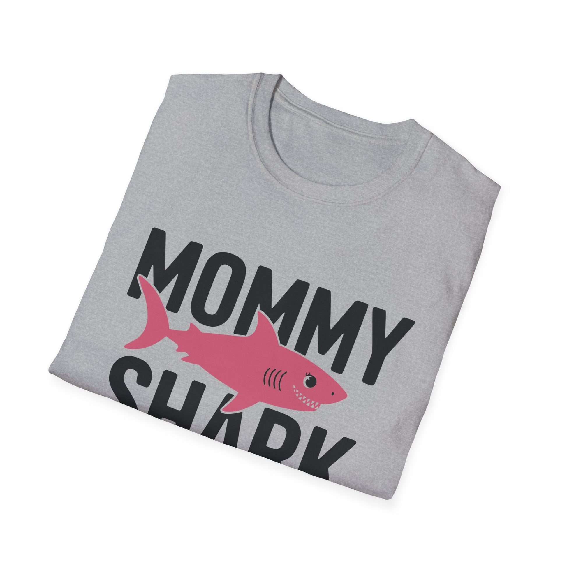 Folded gray t-shirt with 'Mommy Shark' design on a white background