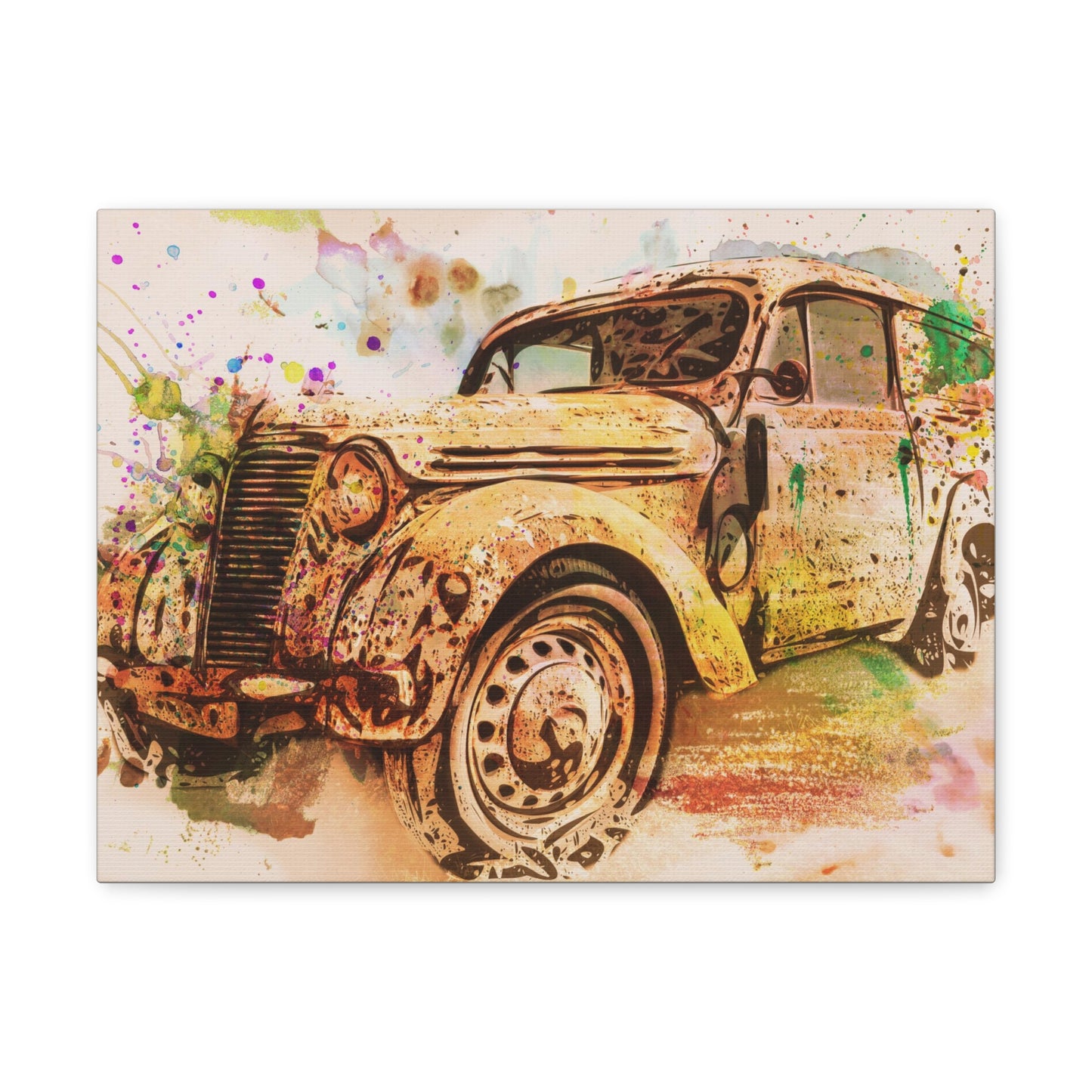 Close-up of watercolor vintage car print on canvas

