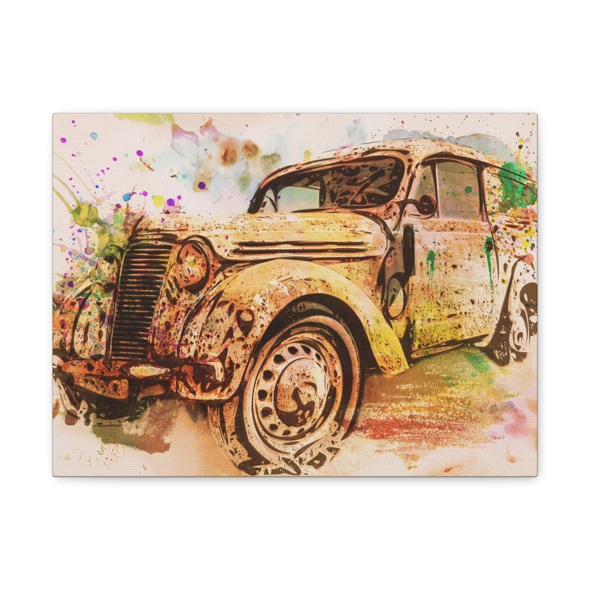 Close-up of watercolor vintage car print on canvas

