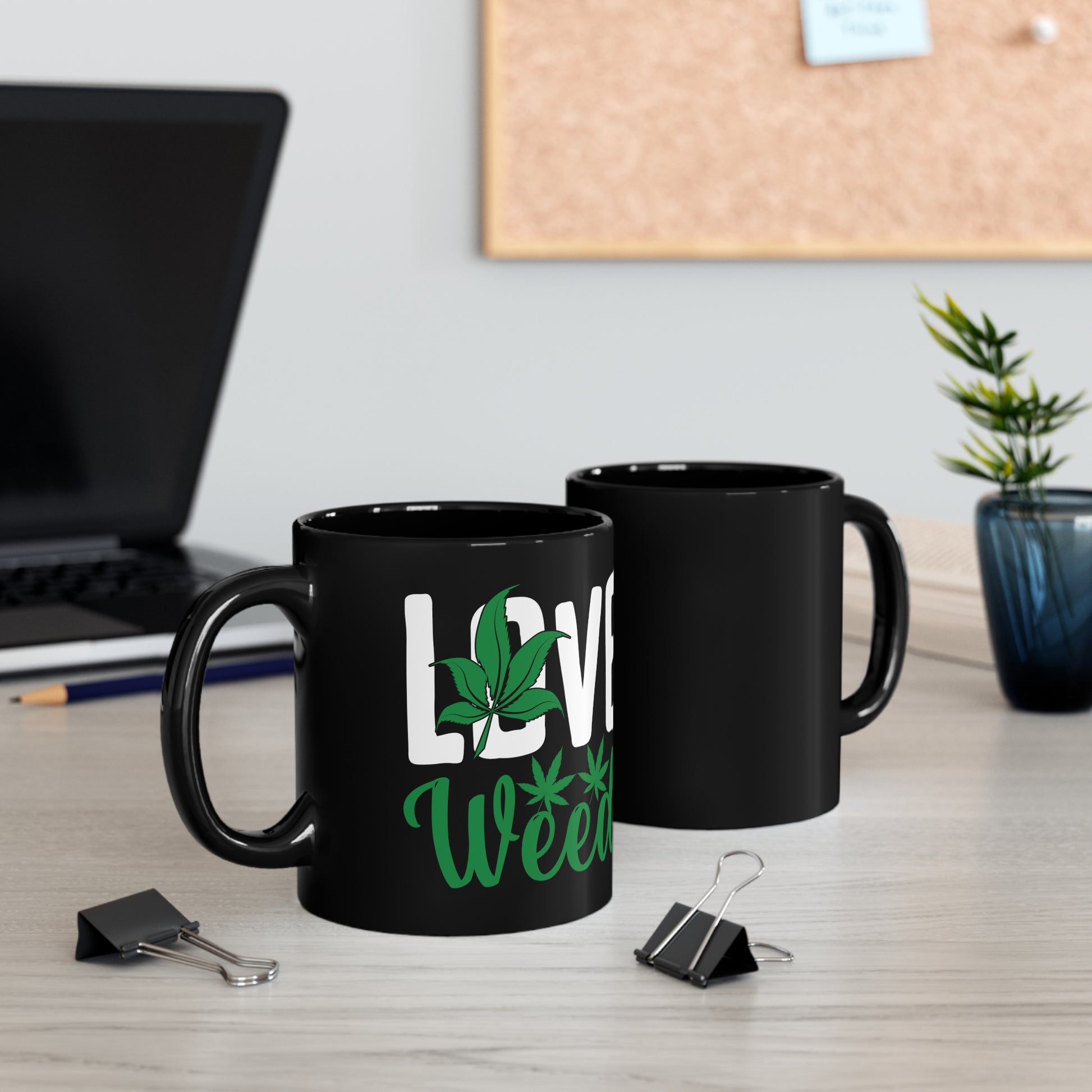 Marijuana-themed coffee mug with "Love Weed" text
