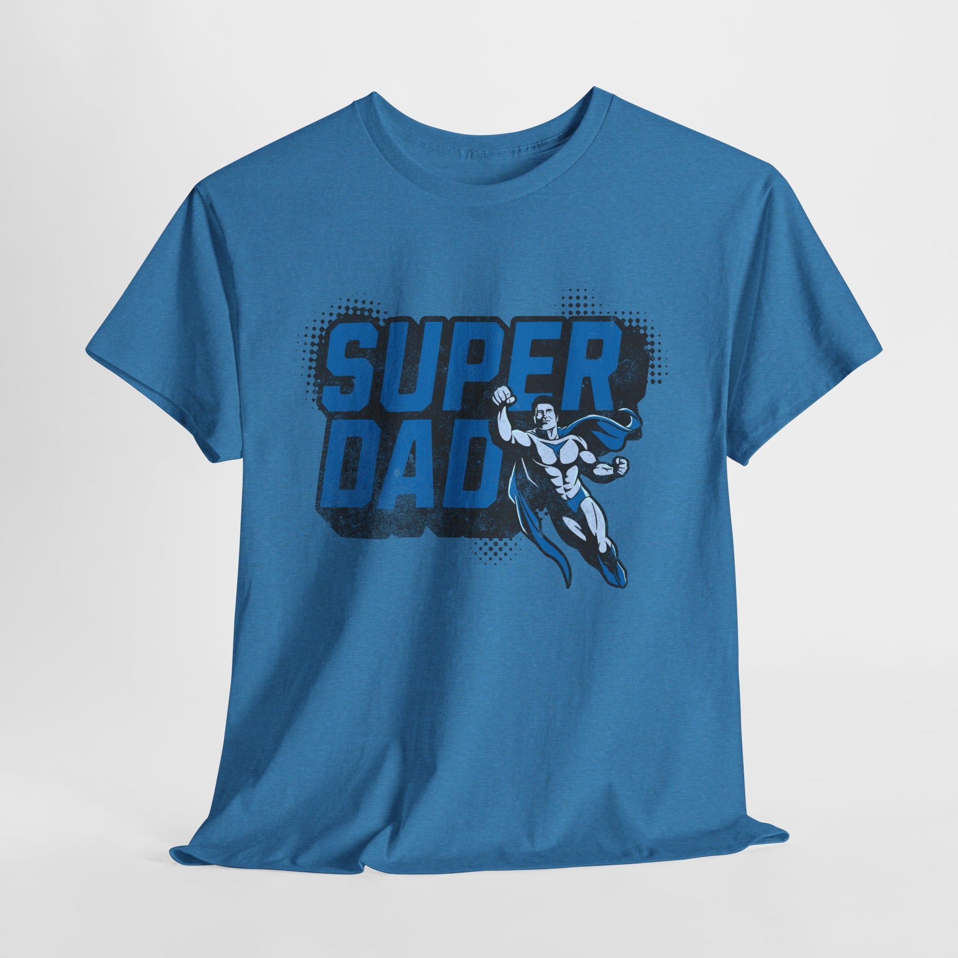 Blue t-shirt with 'Super Dad' graphic on a white background