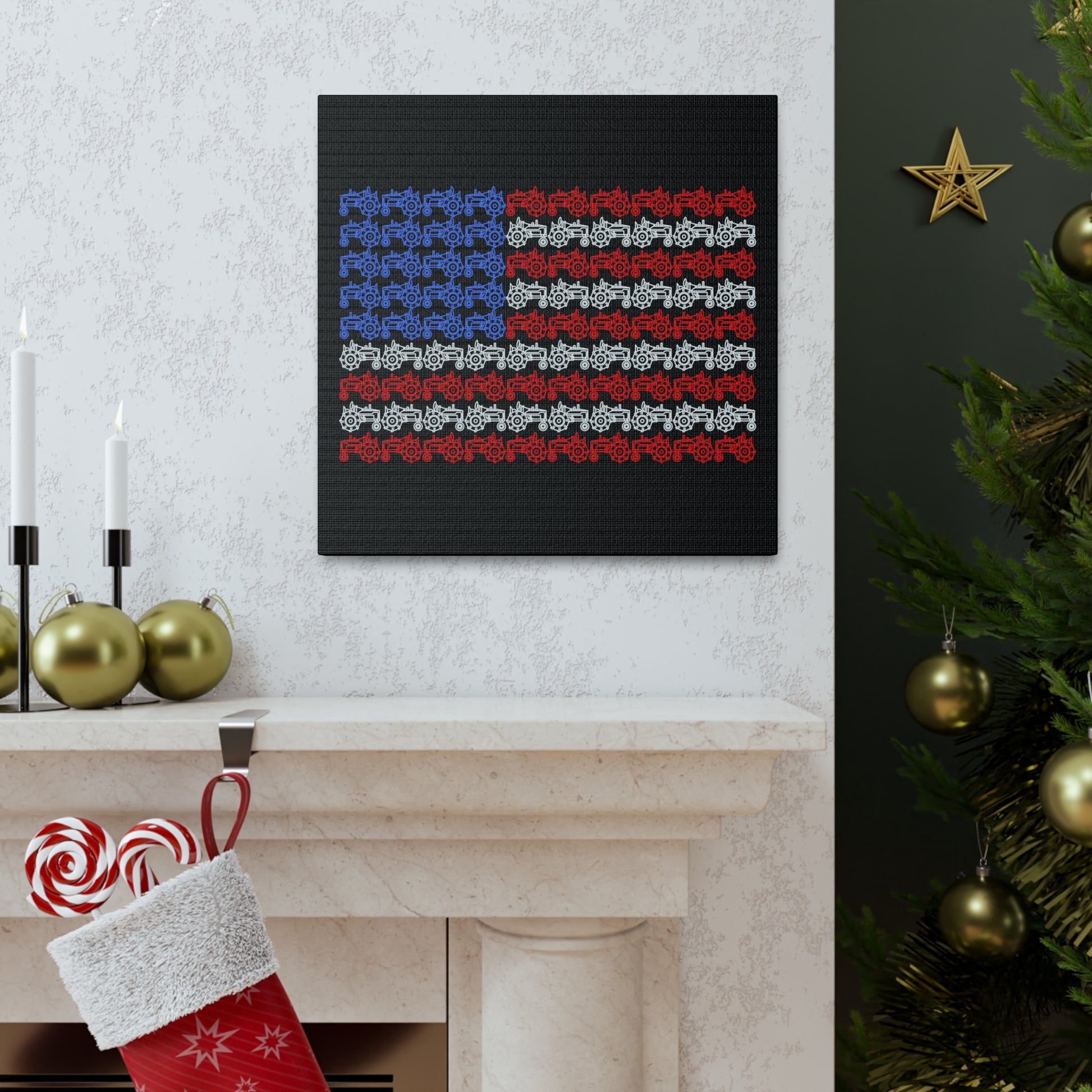 Farmhouse decor canvas print featuring tractors and patriotism

