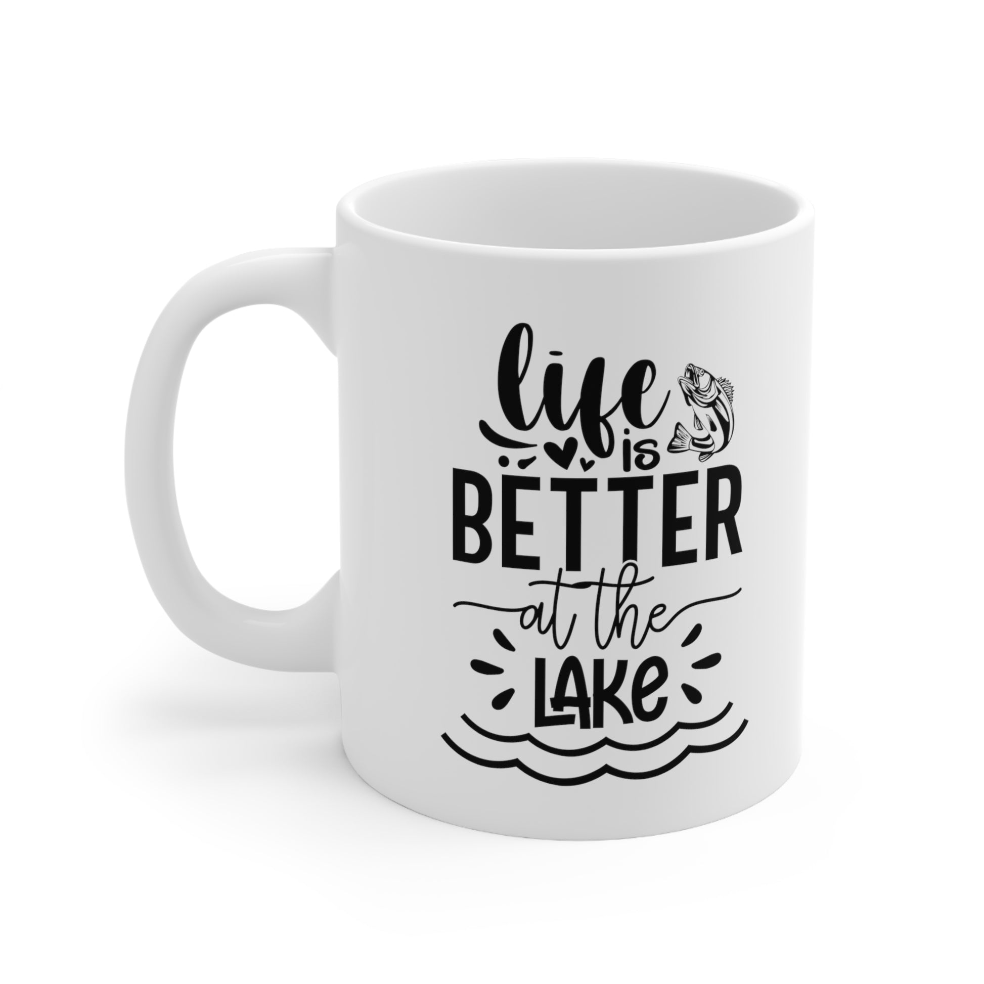 White ceramic lake life mug with bold text
