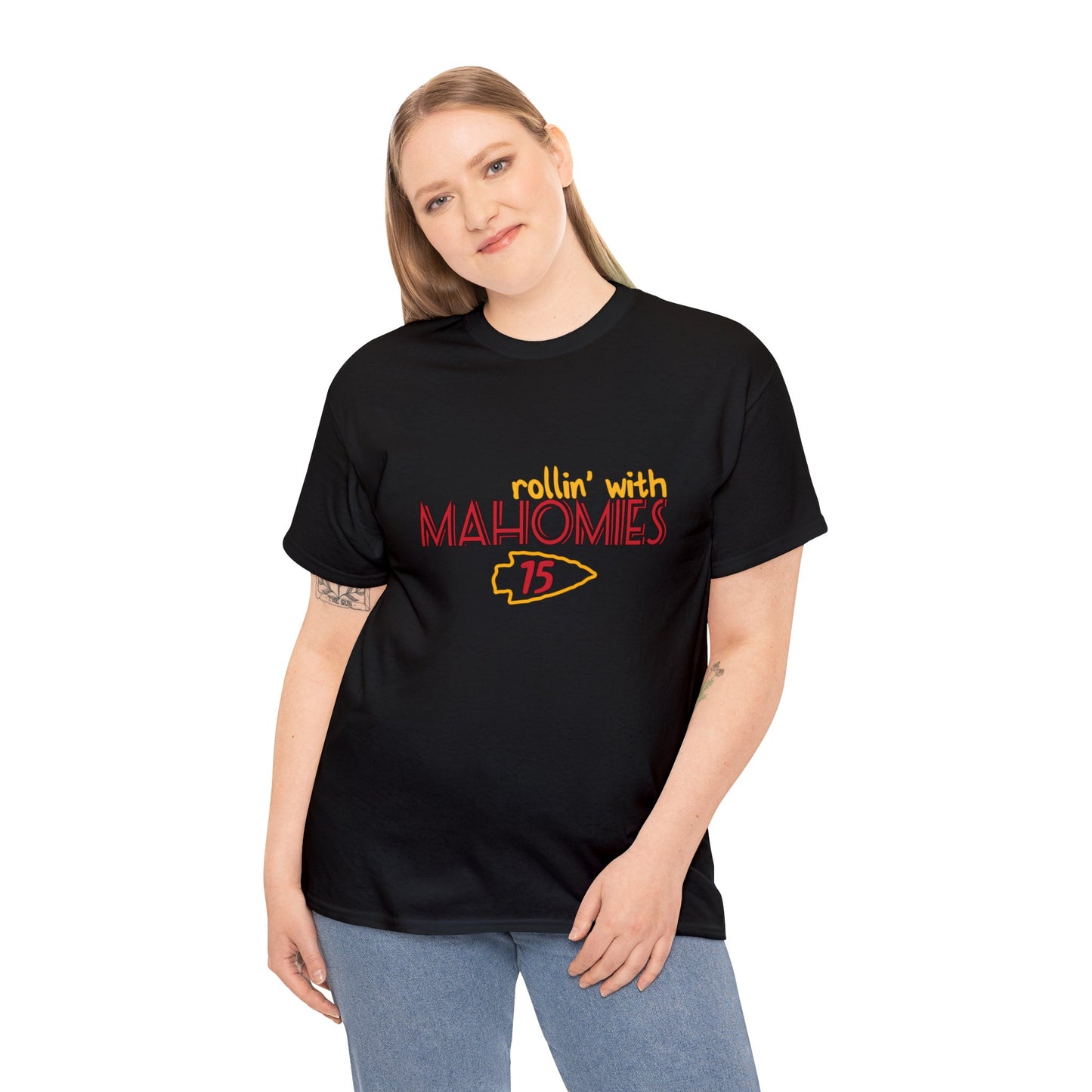 Vibrant "Rollin With Mahomies" Patrick Mahomes T-shirt for Chiefs fans.