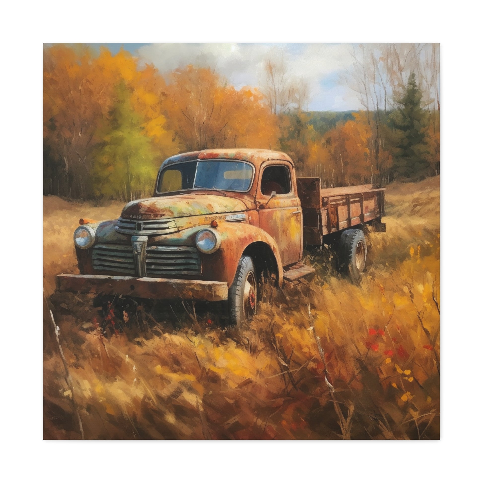 Rustic landscape wall art featuring vintage farm truck in autumn scene
