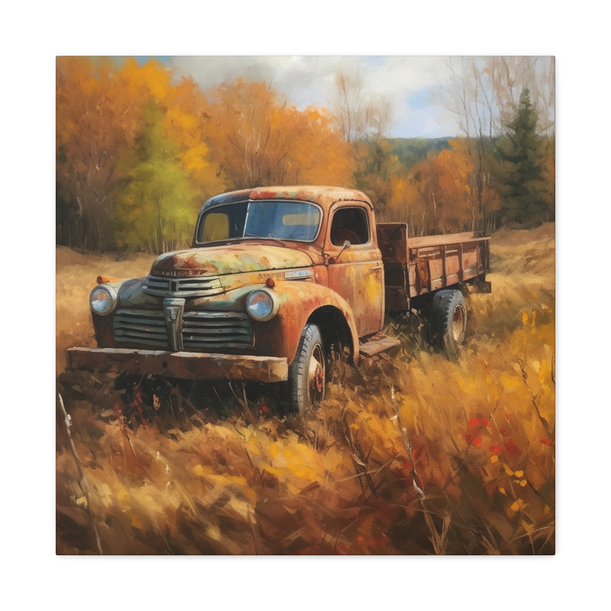 Antique farm truck wall art with colorful fall foliage
