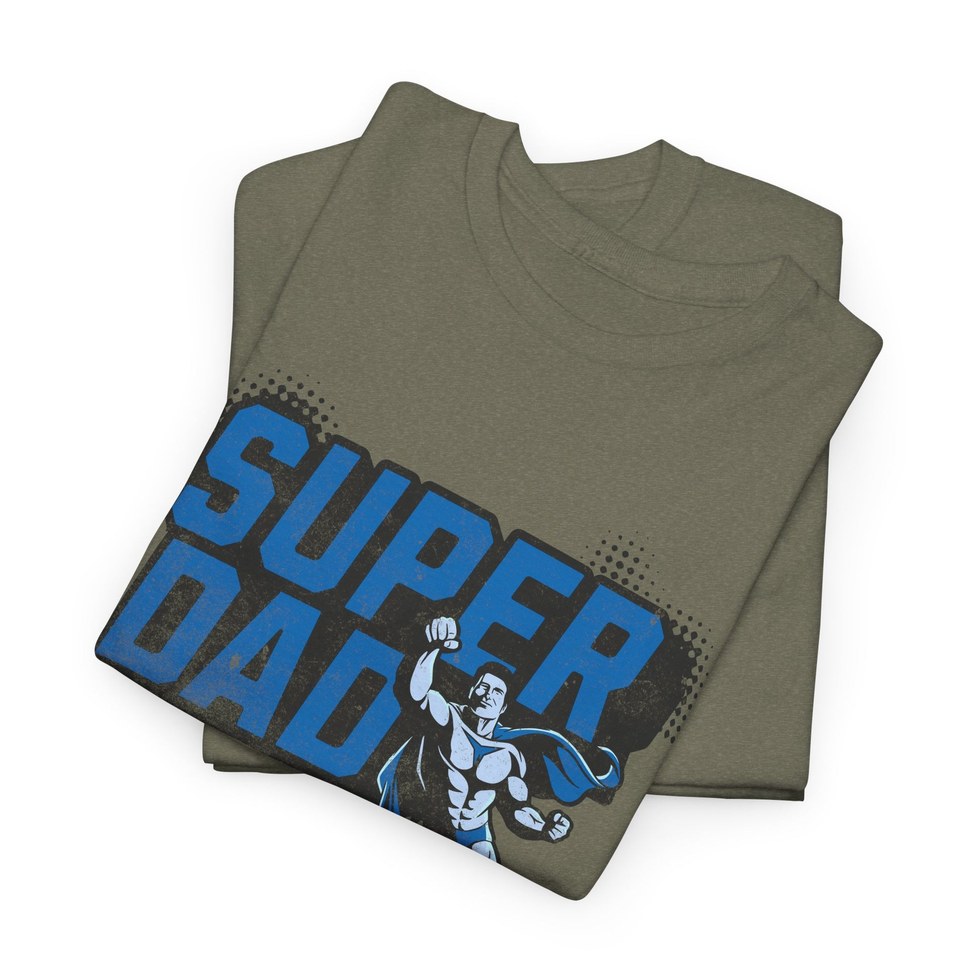 Folded t-shirt with 'Super Dad' text and superhero graphic on a white background