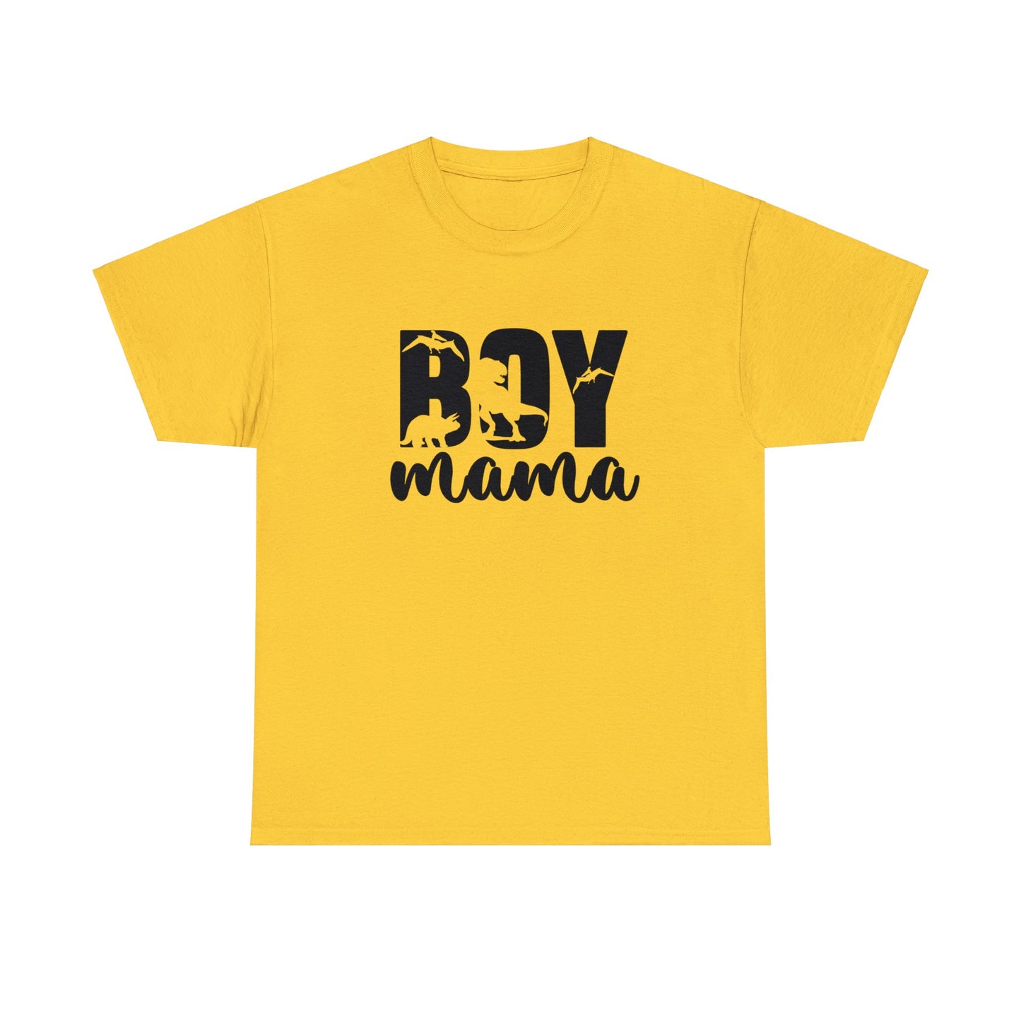 Mom t-shirt with dinosaurs carved into “Boy Mama” text.
