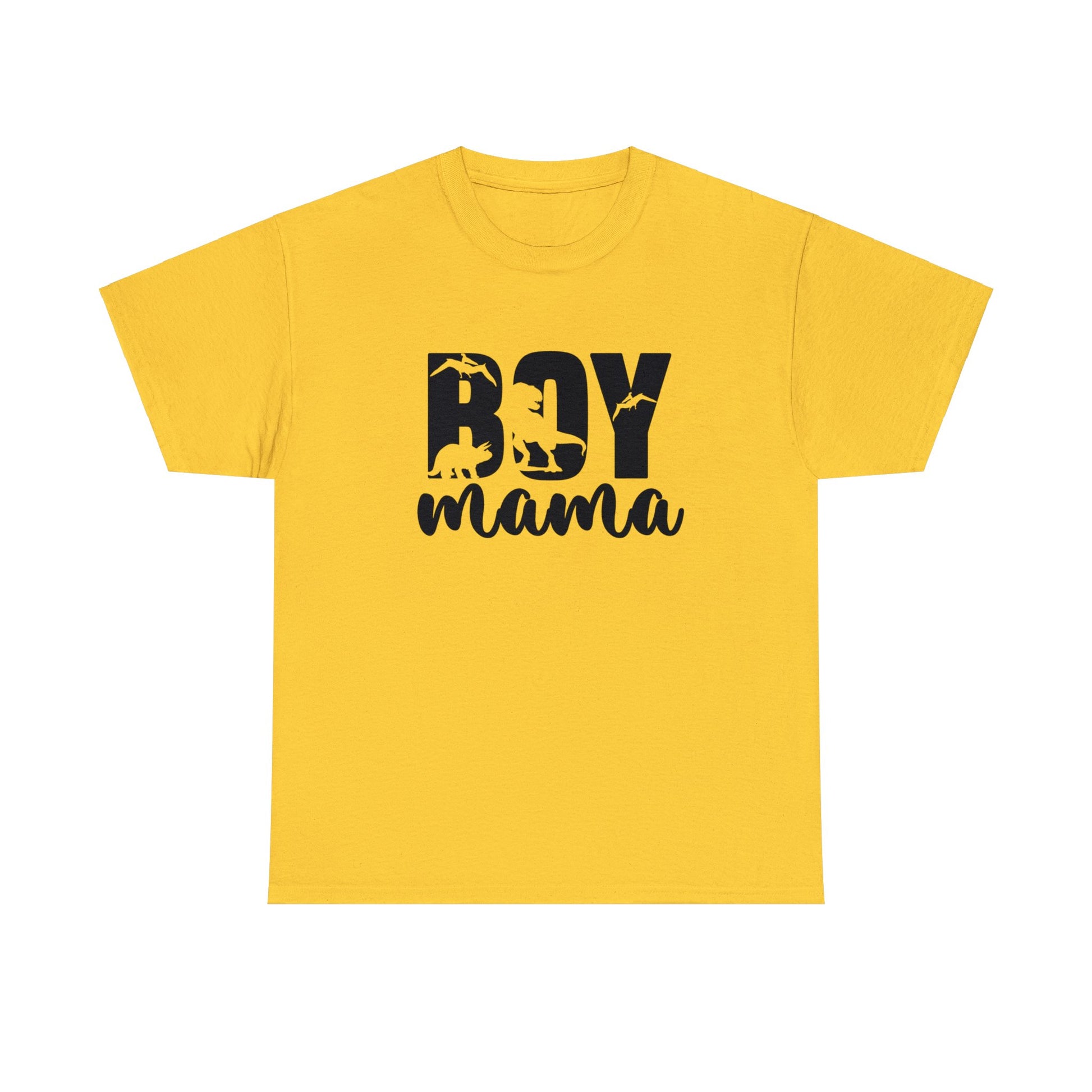Mom t-shirt with dinosaurs carved into “Boy Mama” text.
