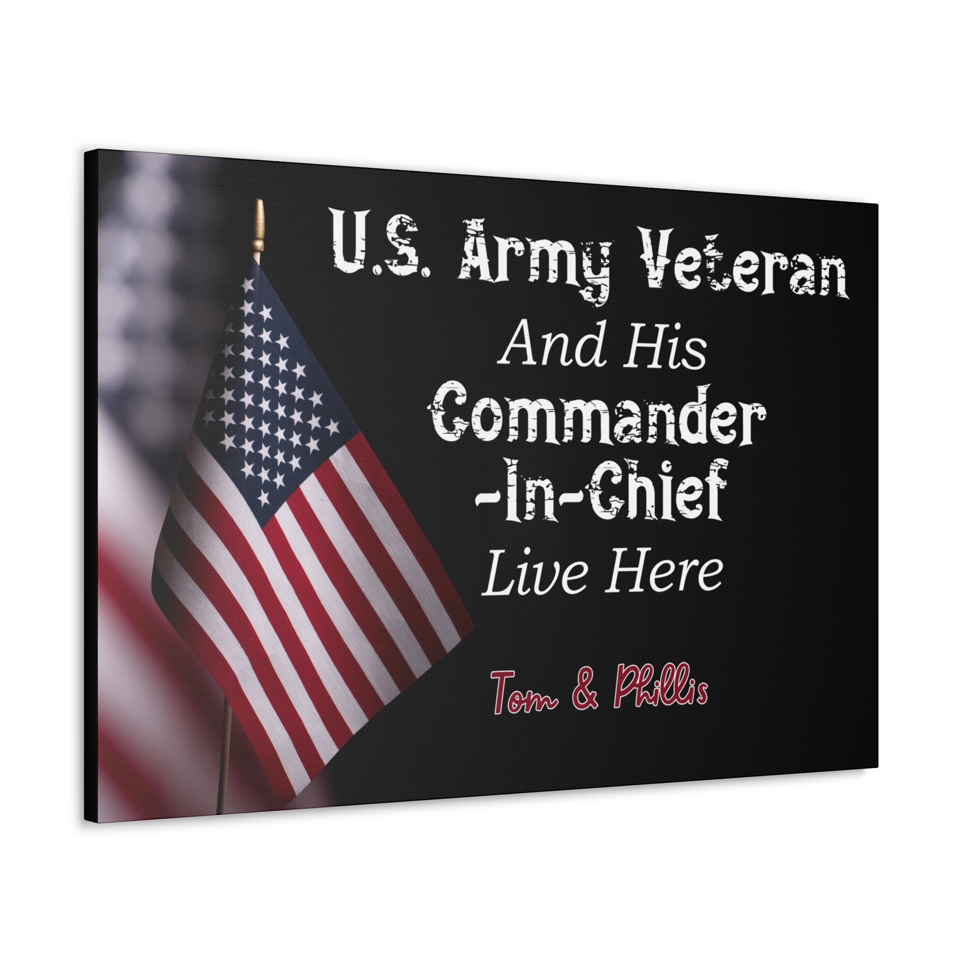 Horizontal military wall art with black background and patriotic text
