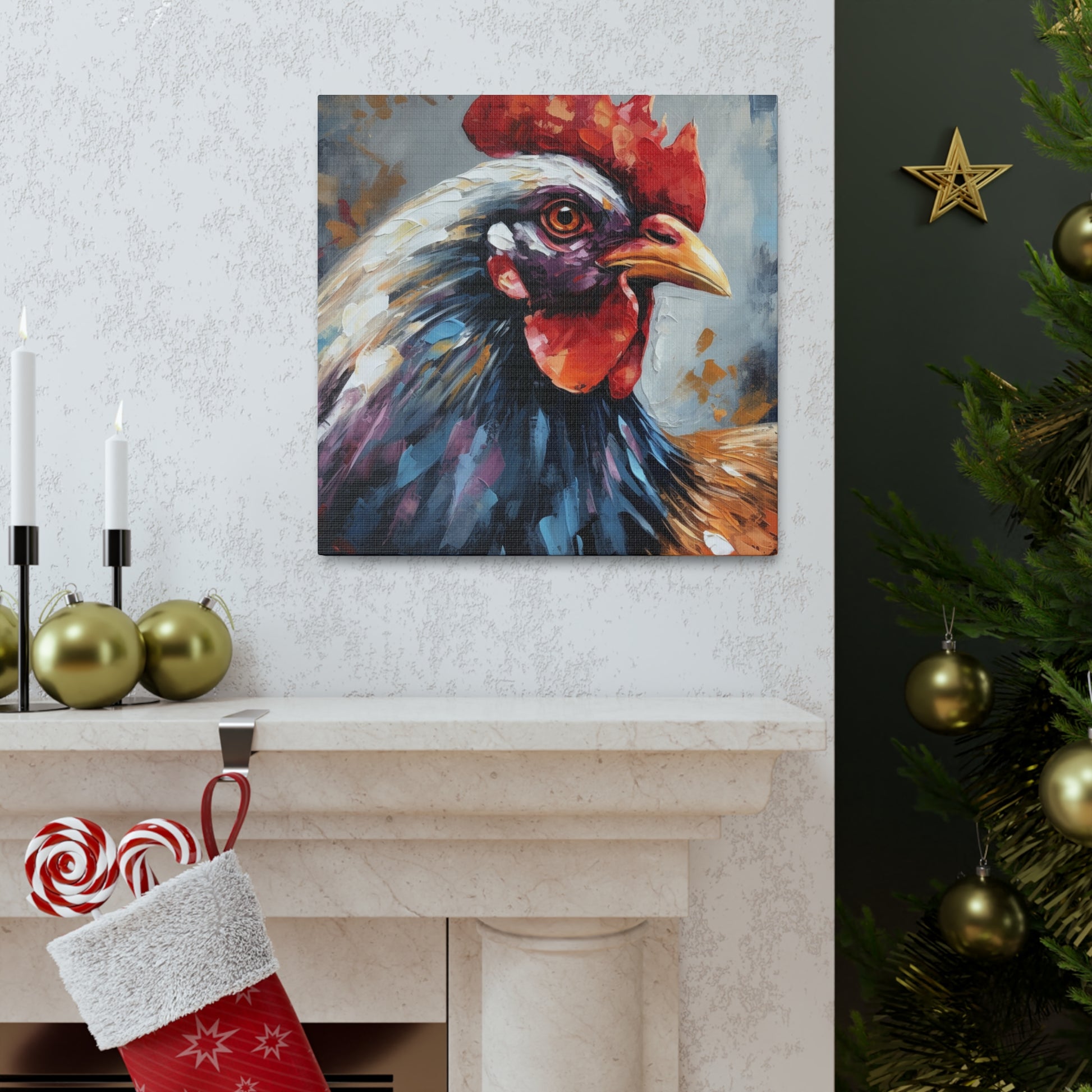 Up-close rooster head painting on canvas in a country-style home
