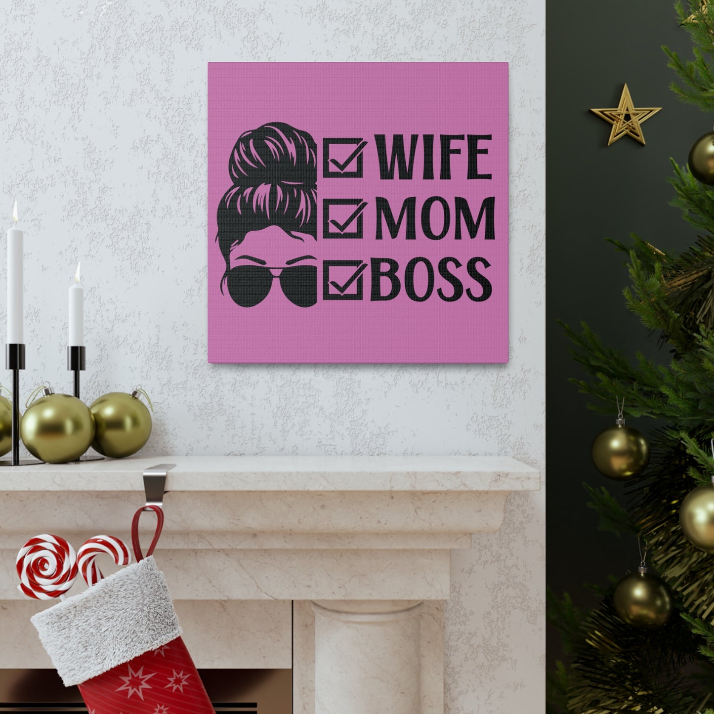 Pink mom boss life canvas perfect for home offices and workspaces.
