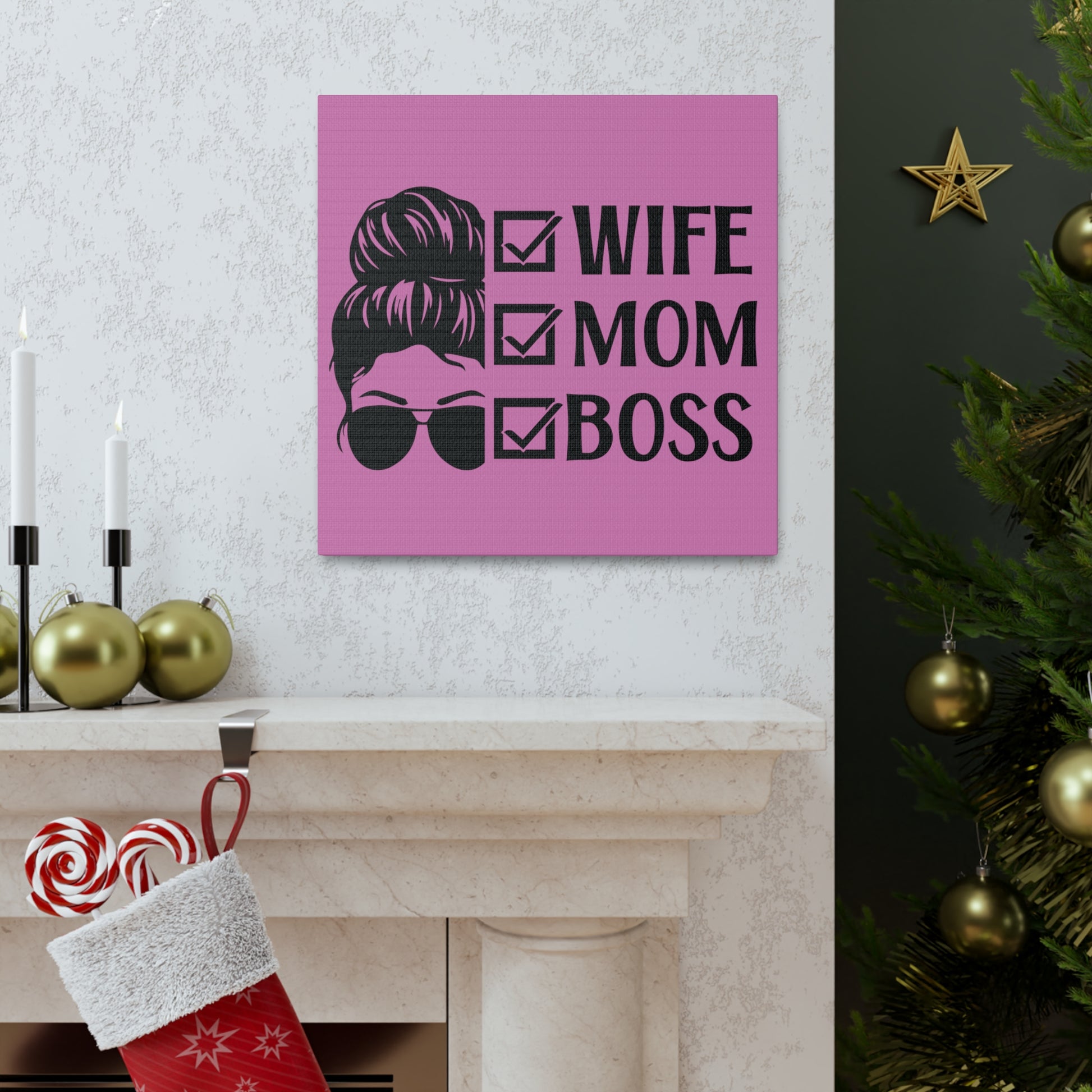 Pink mom boss life canvas perfect for home offices and workspaces.

