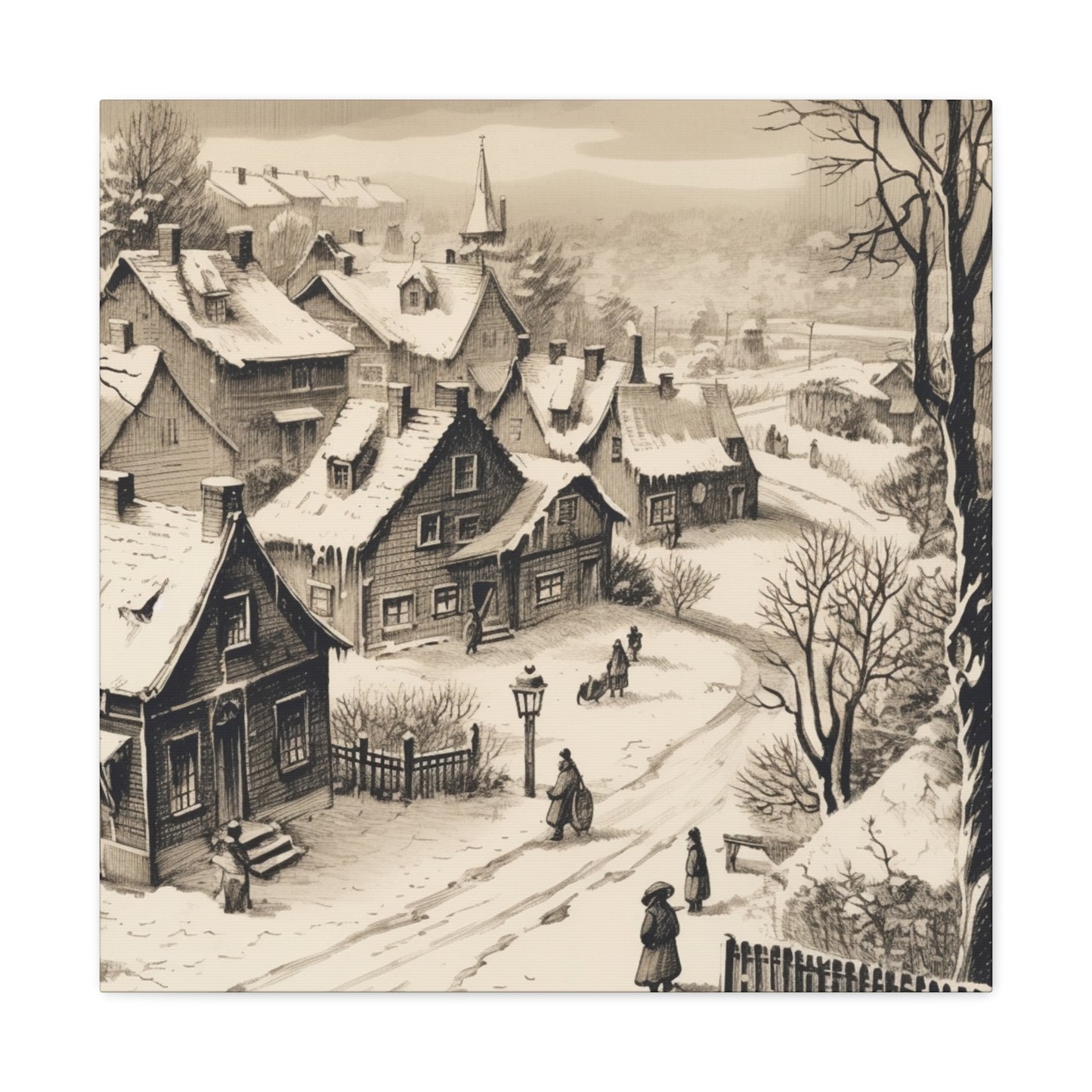Nostalgic winter landscape drawing on canvas