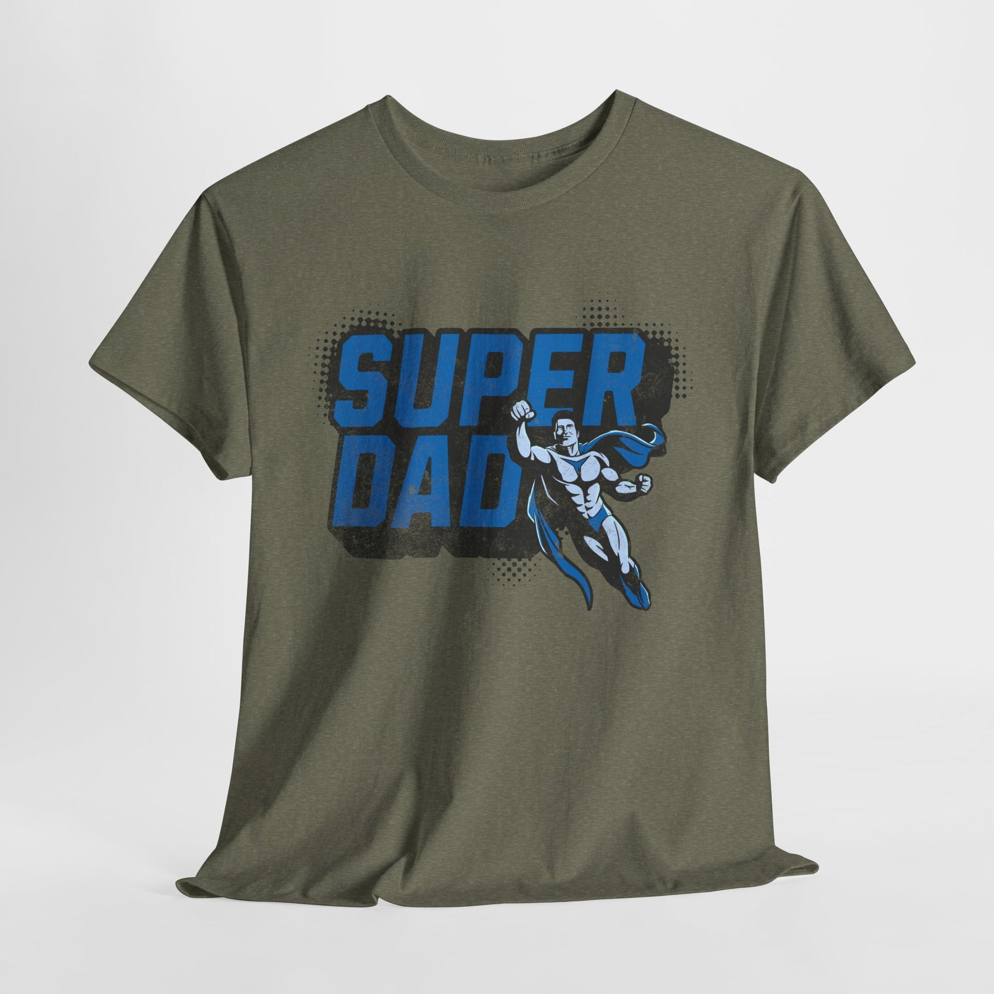 Green t-shirt with 'Super Dad' graphic on a white background