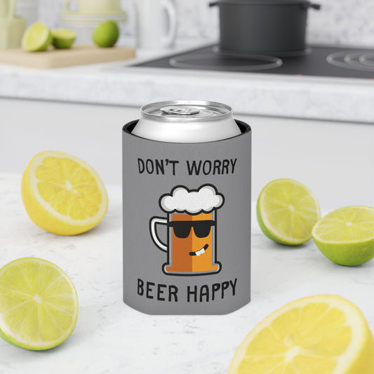 Beer can sleeve cooler with "Don’t Worry, Beer Happy" design and beer mug graphic.
