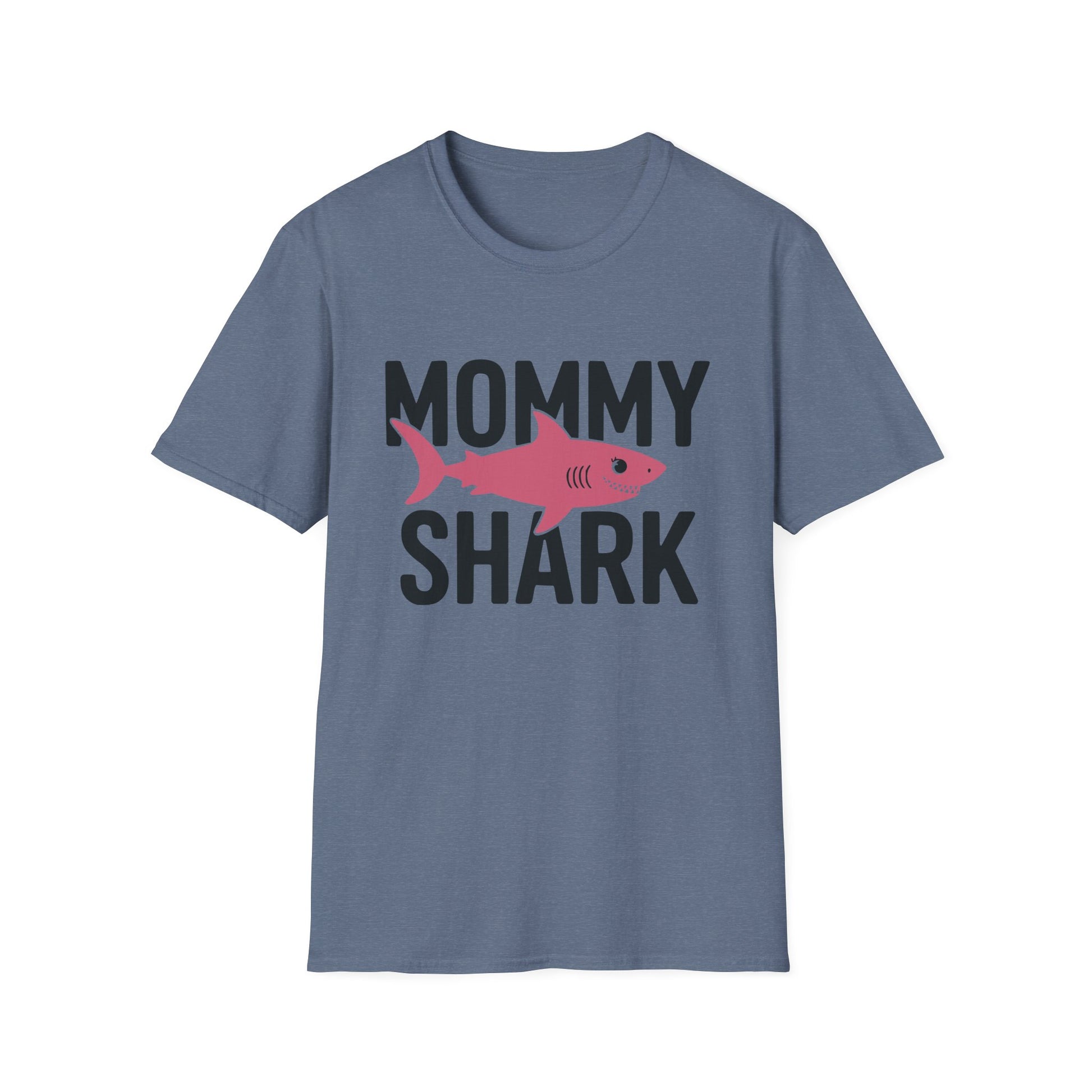 Blue t-shirt with 'Mommy Shark' graphic on a white background