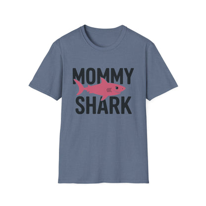 Blue t-shirt with 'Mommy Shark' graphic on a white background