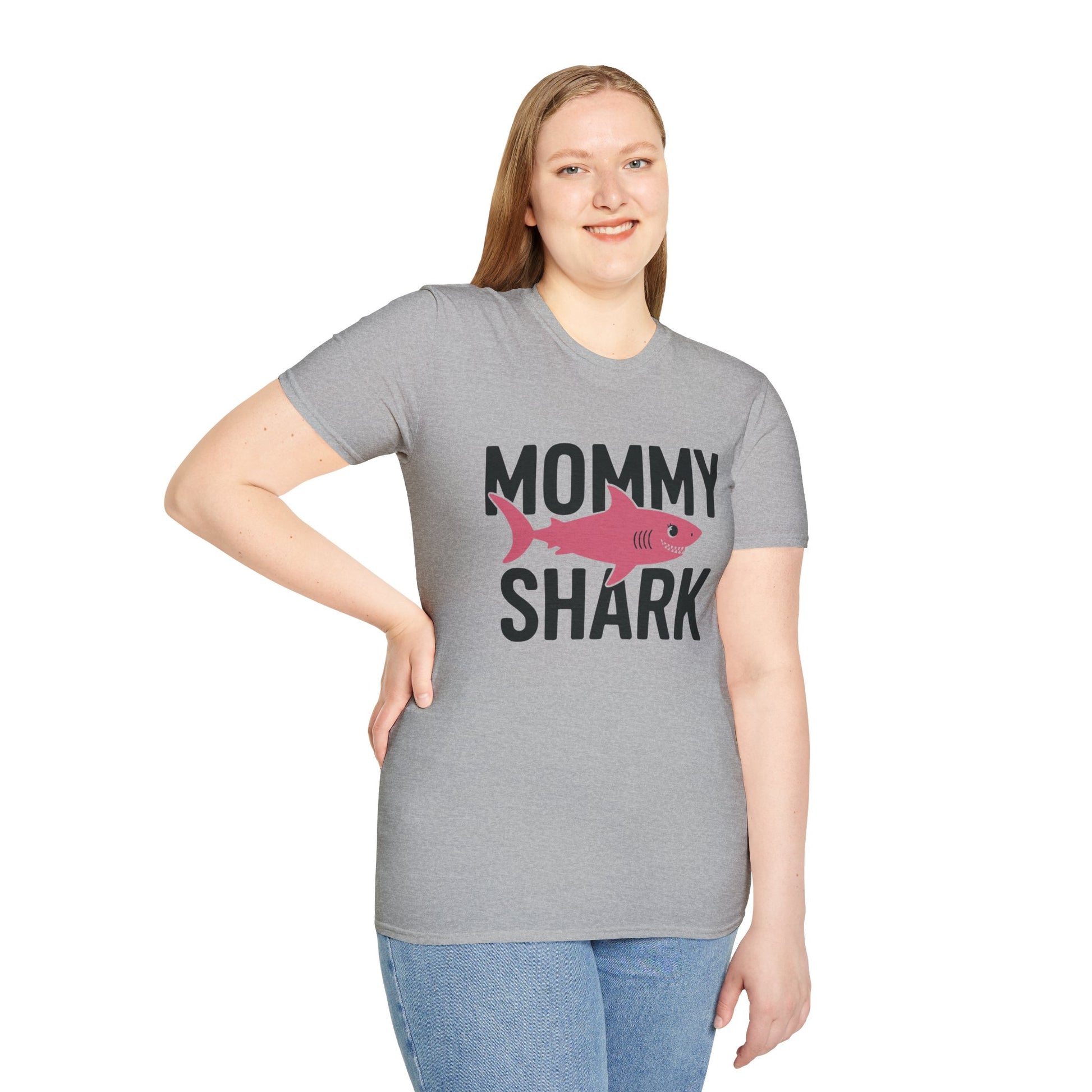 Woman wearing a gray t-shirt with 'Mommy Shark' text and pink shark graphic on a white background
