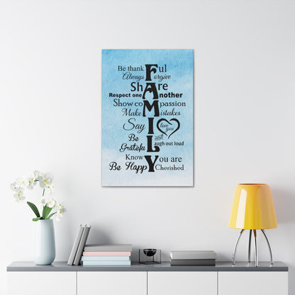 Light blue sky-themed "FAMILY" canvas print emphasizing core family principles.