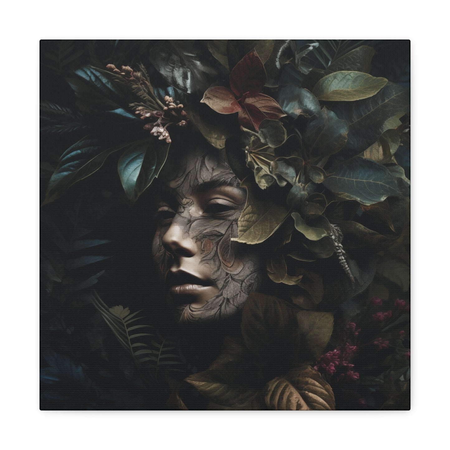 Woman face nature art with mystical leaf patterns
