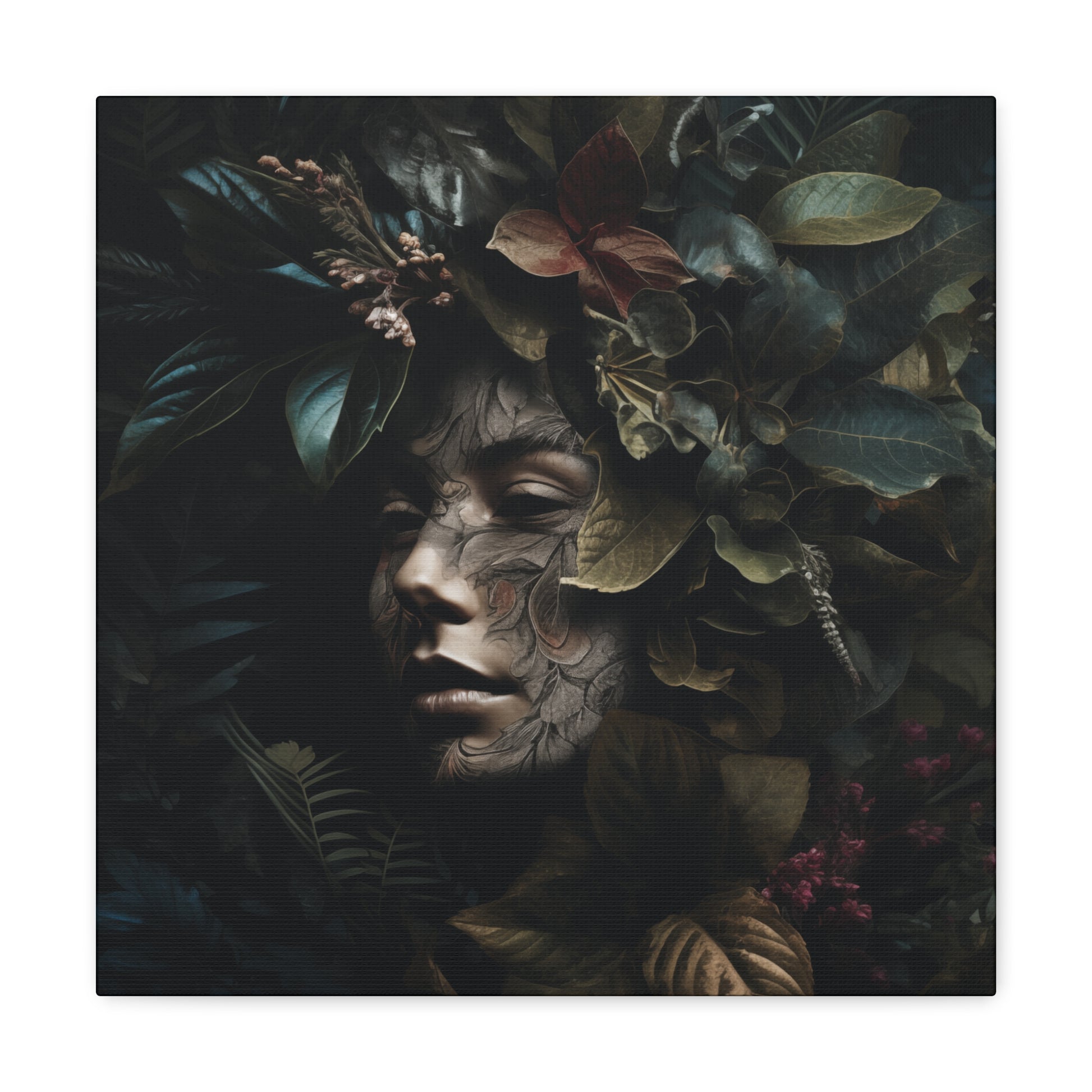 Woman face nature art with mystical leaf patterns
