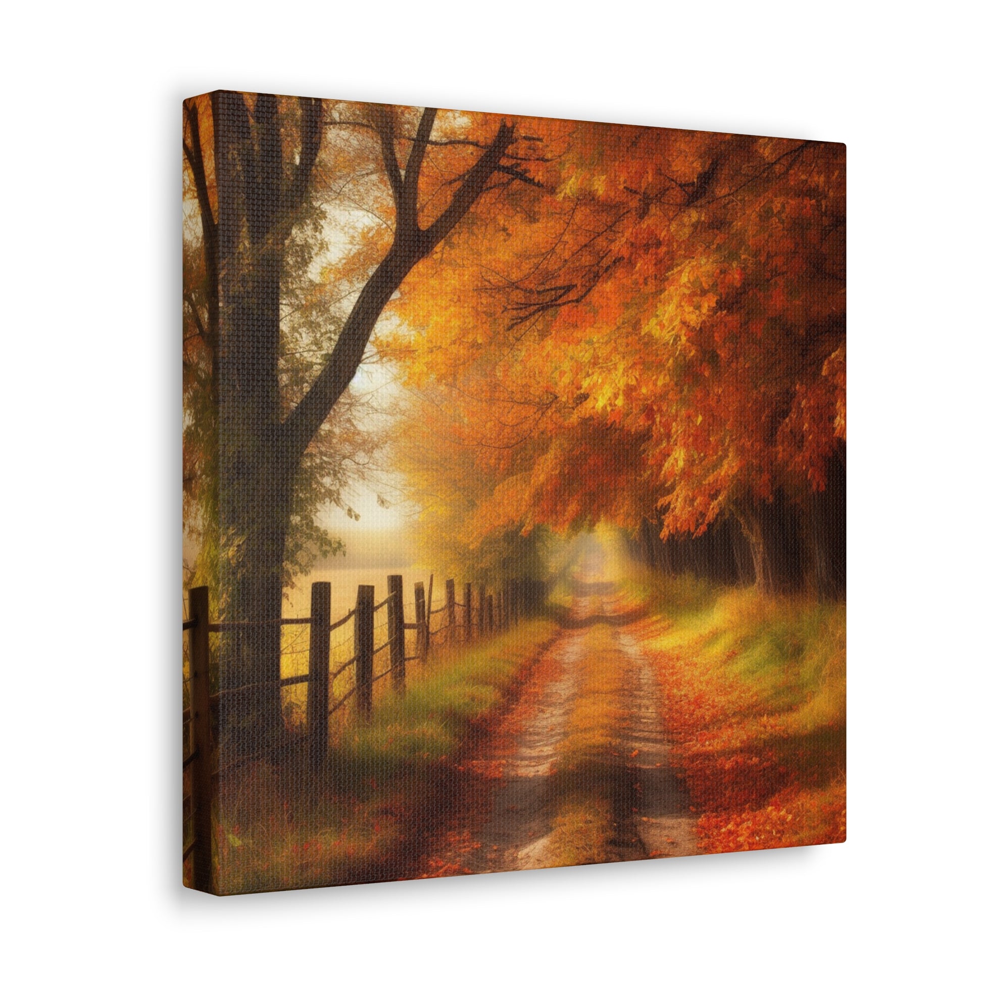 Autumn canvas wall decor featuring trees, fence line, and fallen leaves

