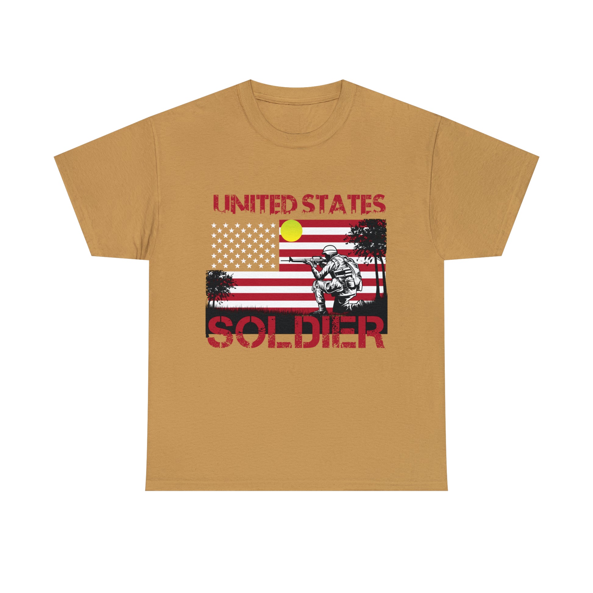 Veteran t-shirt with rifle-holding soldier and USA flag artwork.
