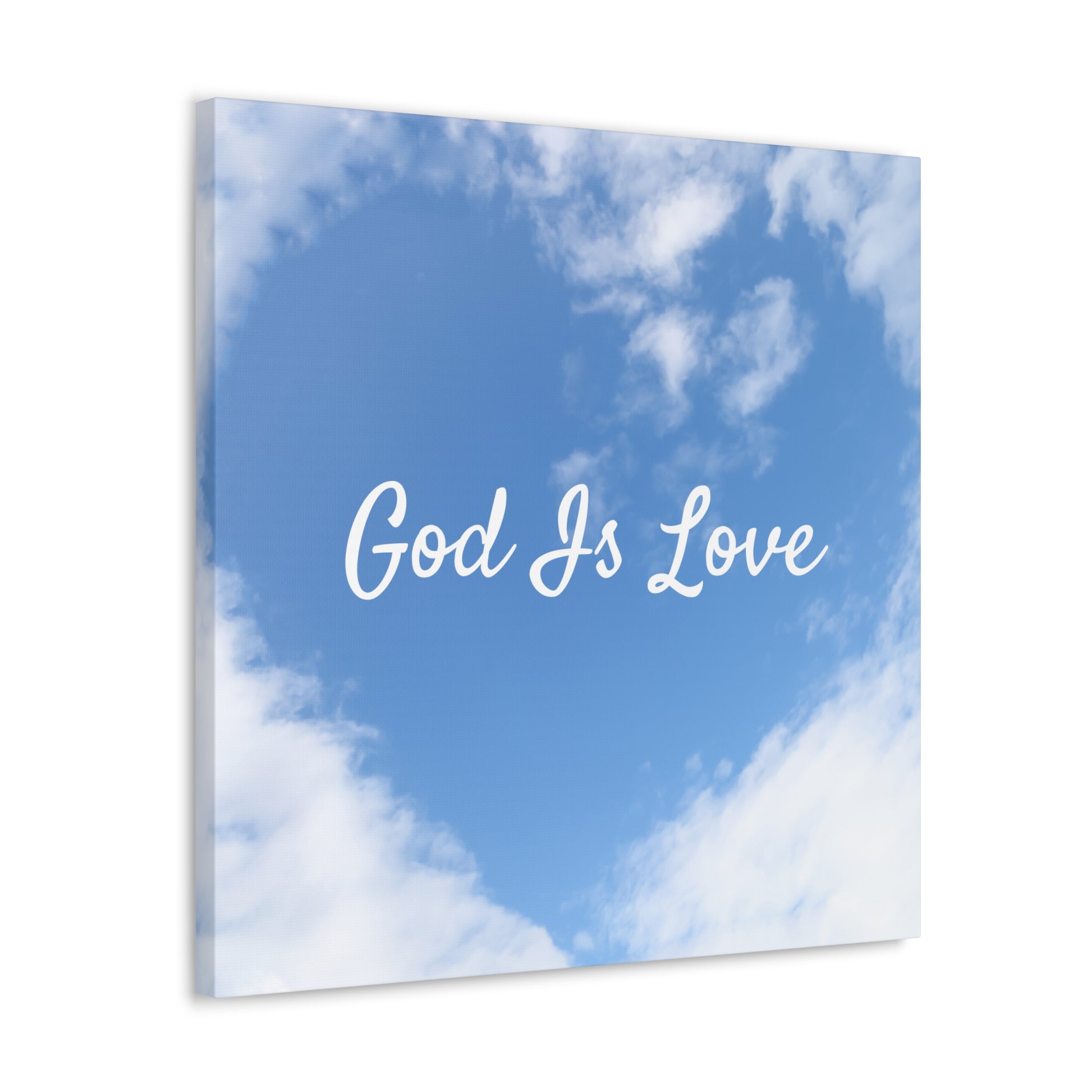 Christian canvas print with God is Love text in blue sky

