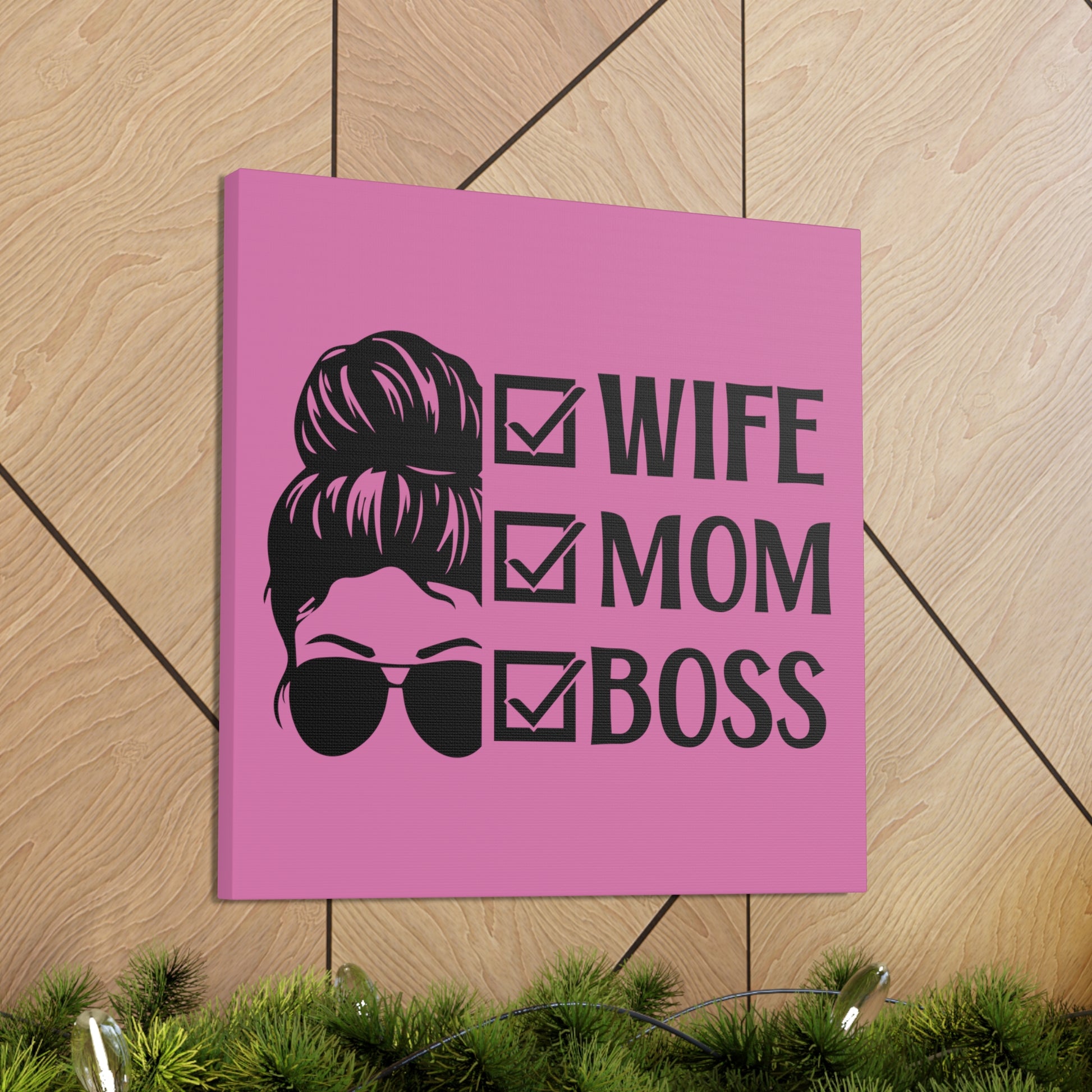 Wife mom boss wall art featuring a stylish bun and sunglasses design.
