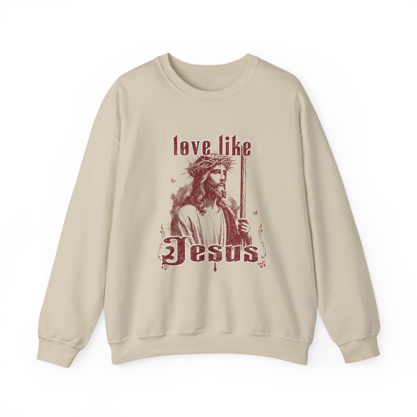 Beige sweatshirt with a graphic of a person holding a sword and text 'love like Jesus' on a white background